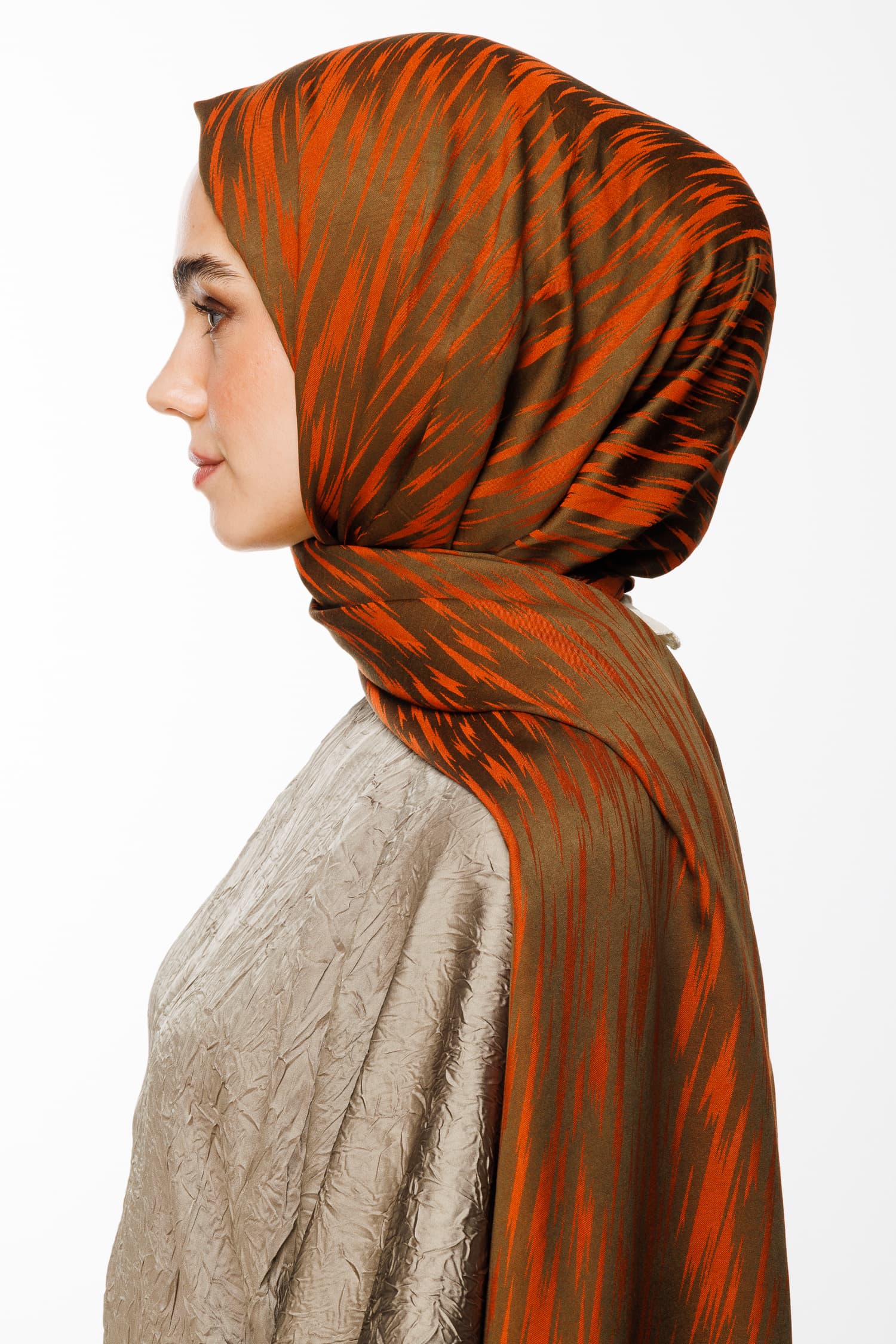 Toptan Selis Desen Çift Taraflı Şal - Koyu Haki-Tarçın