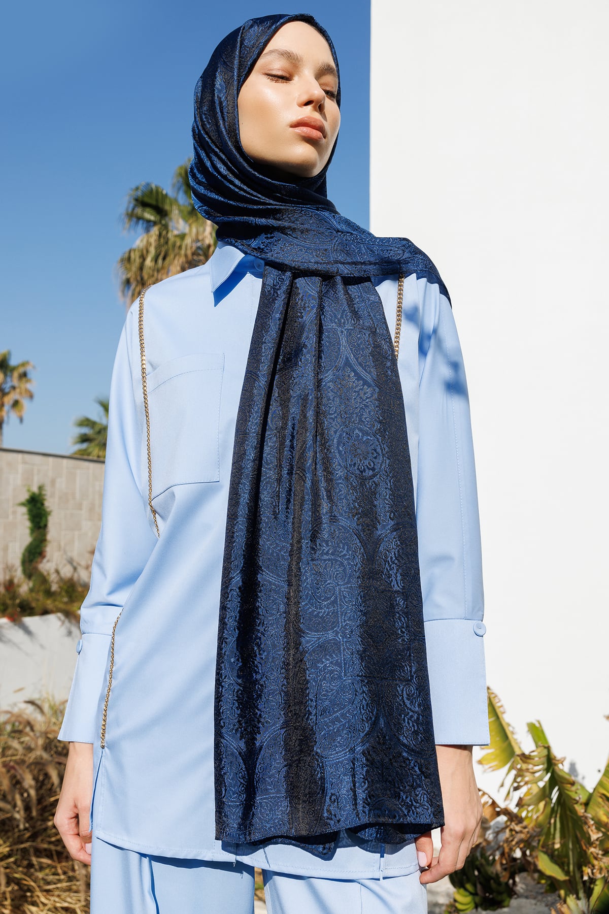 Toptan Vera Desen Shine Line Şal - Siyah-İndigo