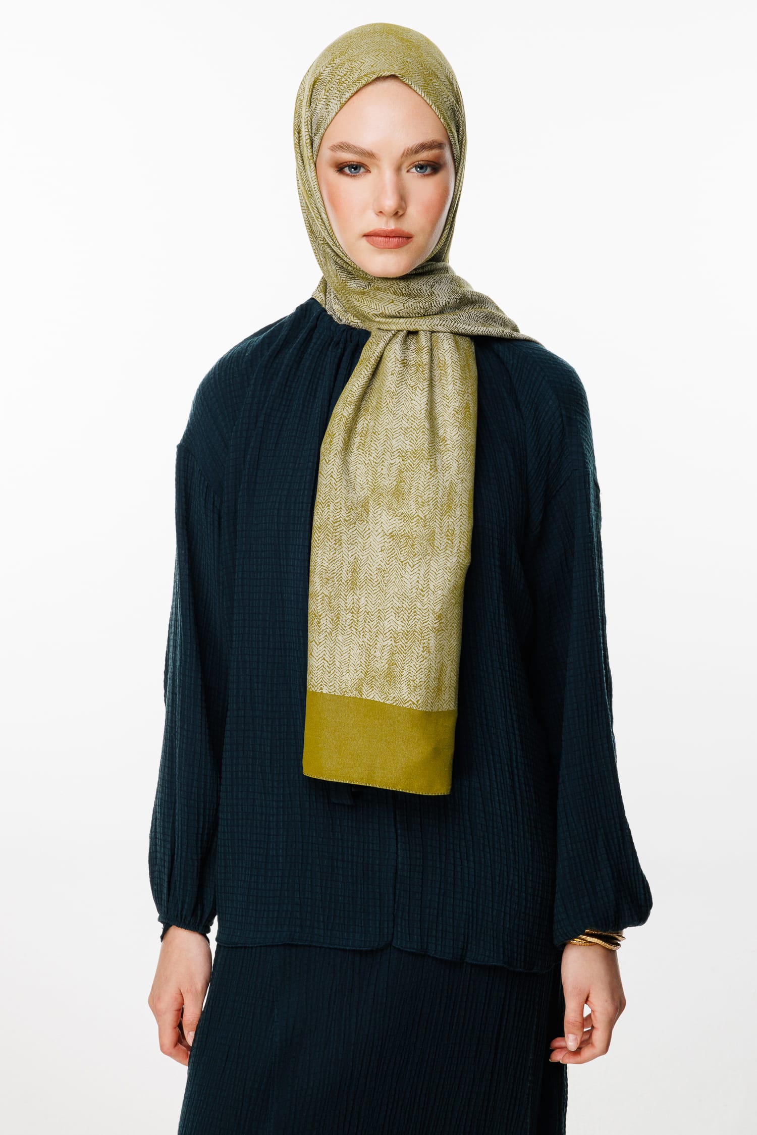 Toptan Sahra Desen Çift Taraflı Şal - Yağ Yeşili-Ekru