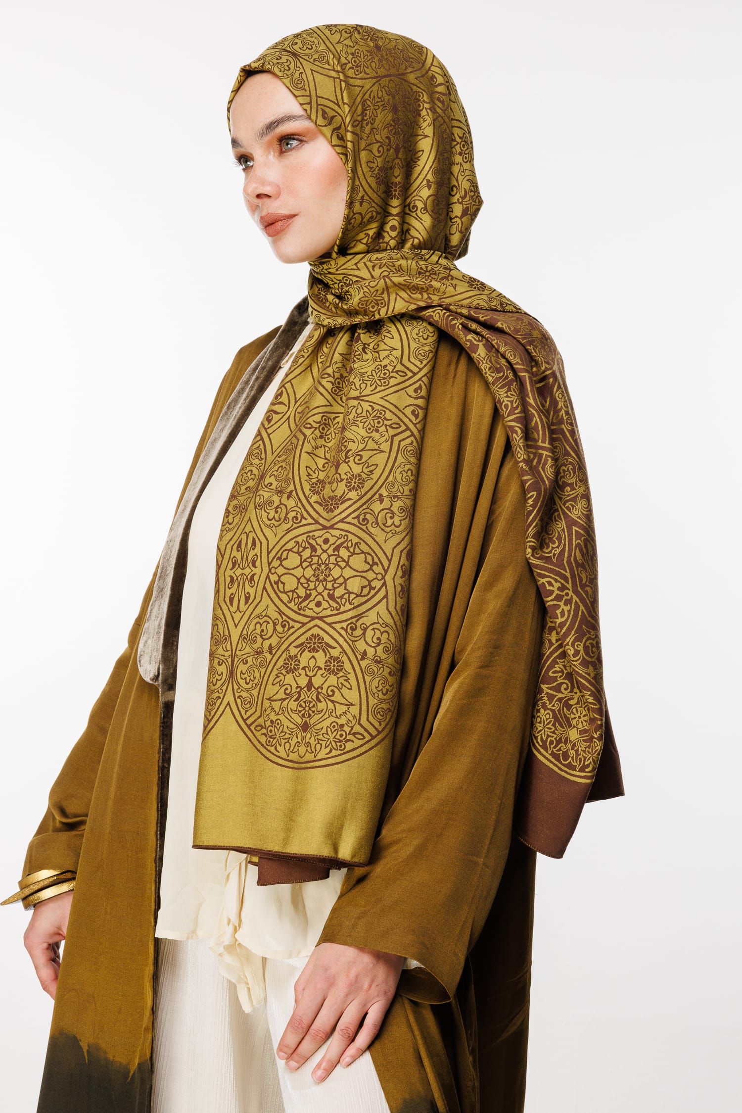 Morocco Pattern Double-Sided Shawl - Bitter Coffee-Salmon