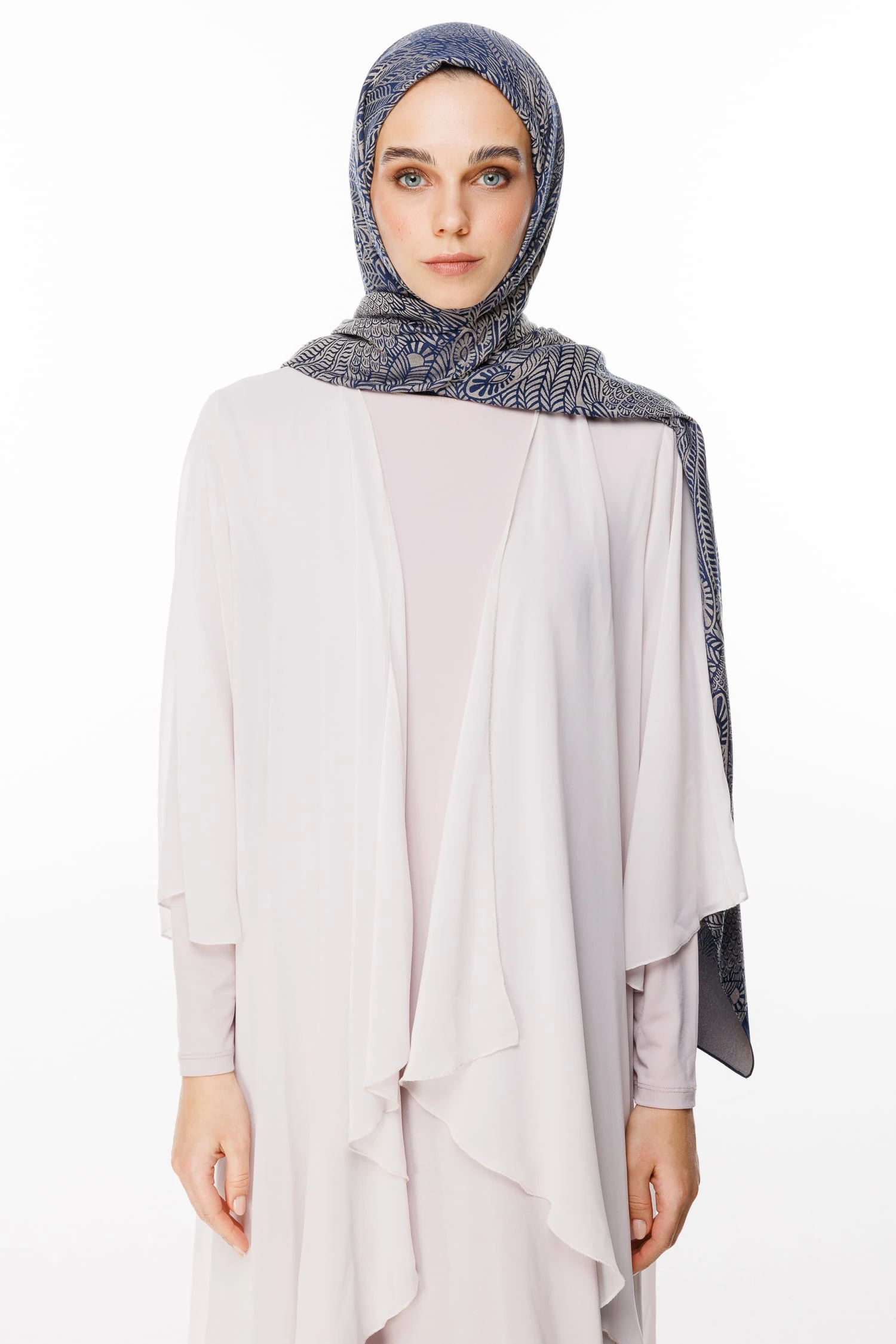 Toptan Mayra Desen Çift Taraflı Şal - Lacivert-Bej