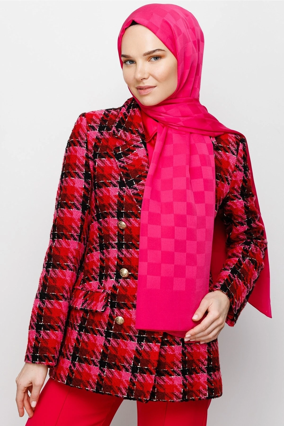 Toptan Dama Desen İpeksi Jakar Şal - Fuşya