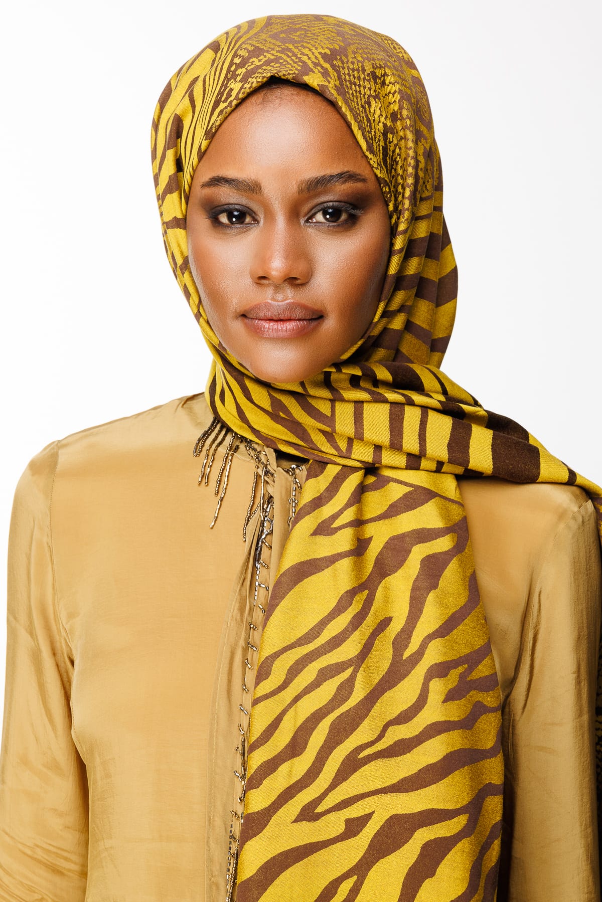 Riad-Pattern Reversible Shawl - Bitter Coffee-Mustard