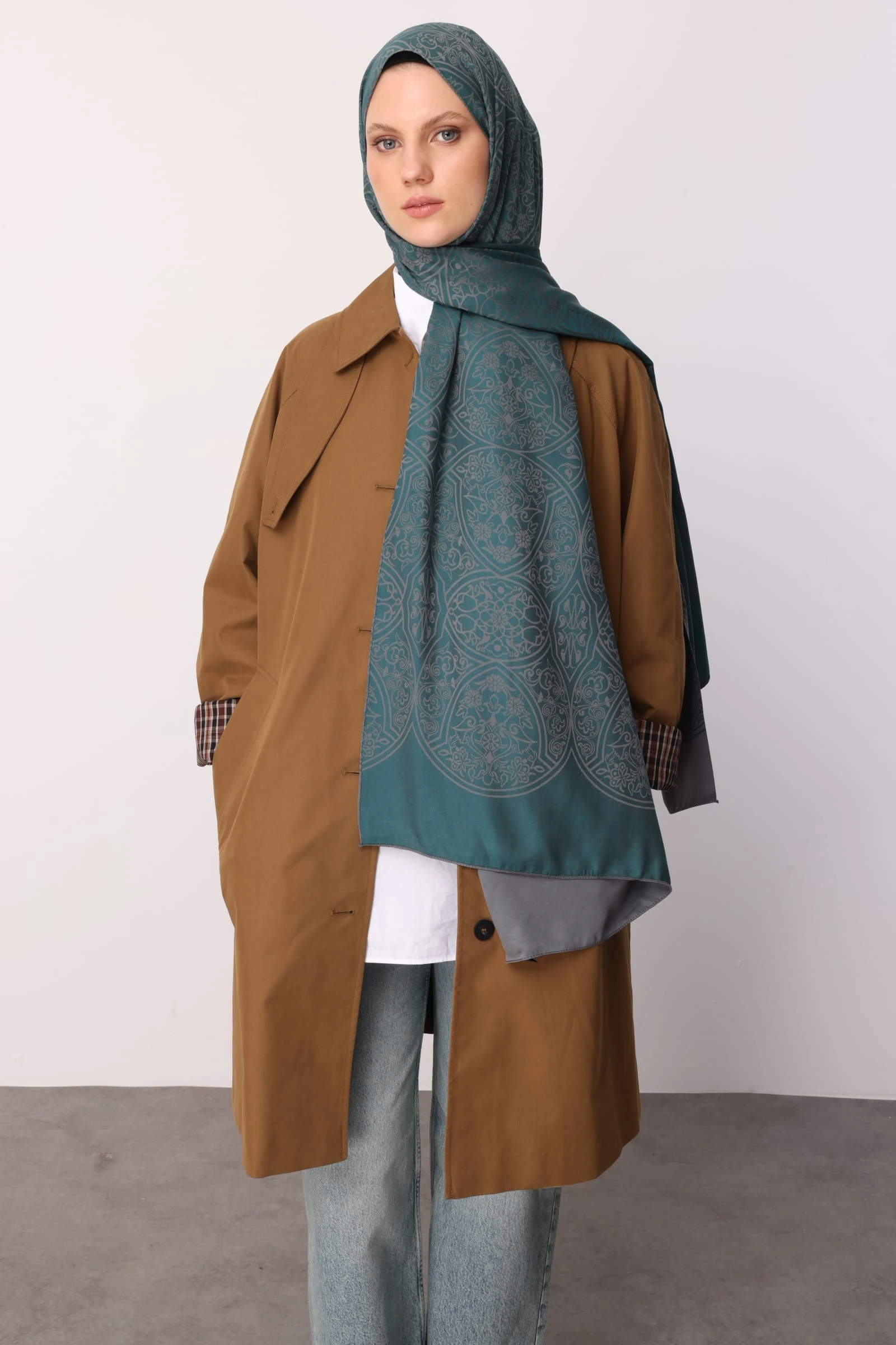 Toptan Morocco Desen Çift Taraflı Şal - Koyu Gri-Zümrüt