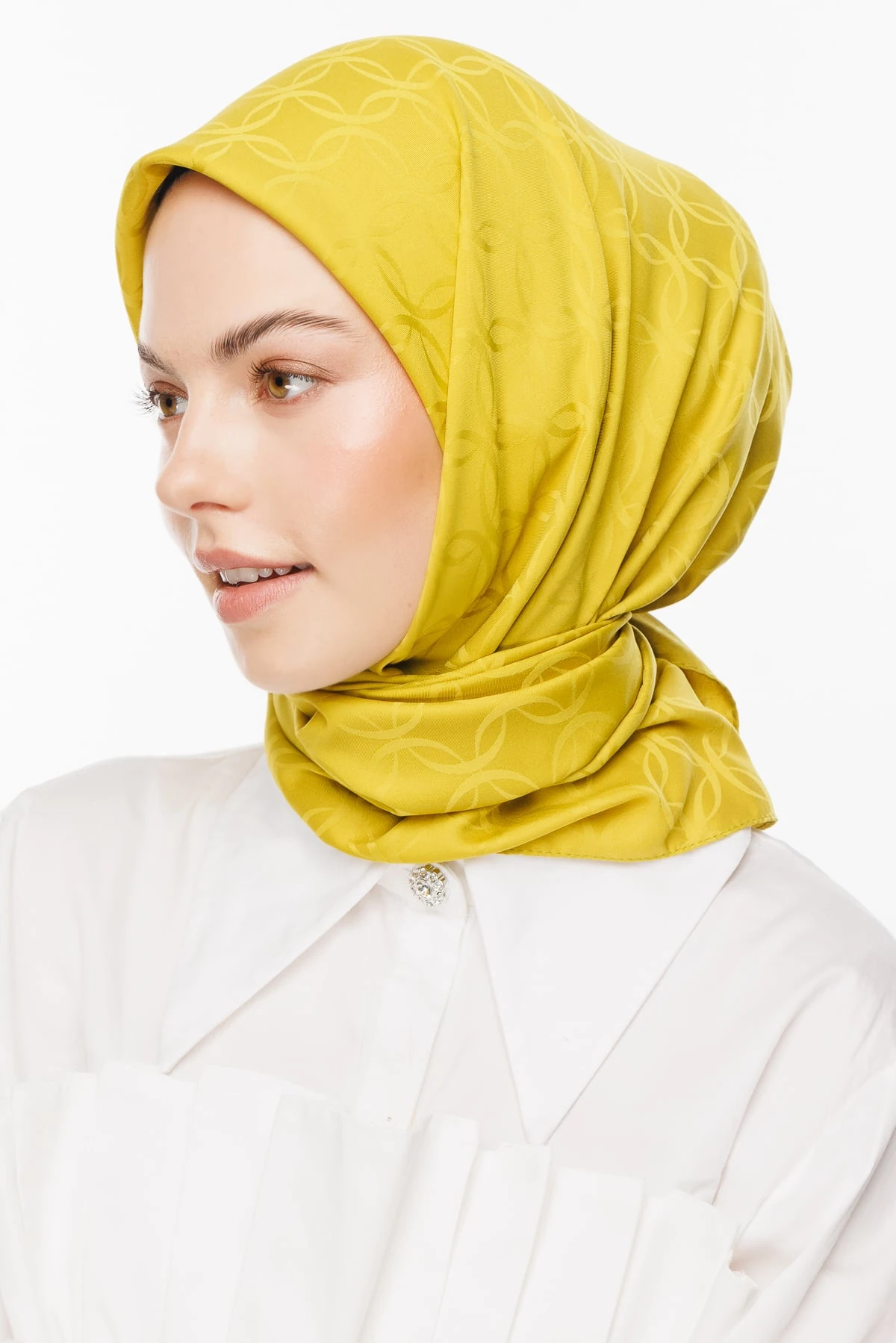 Toptan London Desen İpeksi Jakar Eşarp - Oliv Yeşili