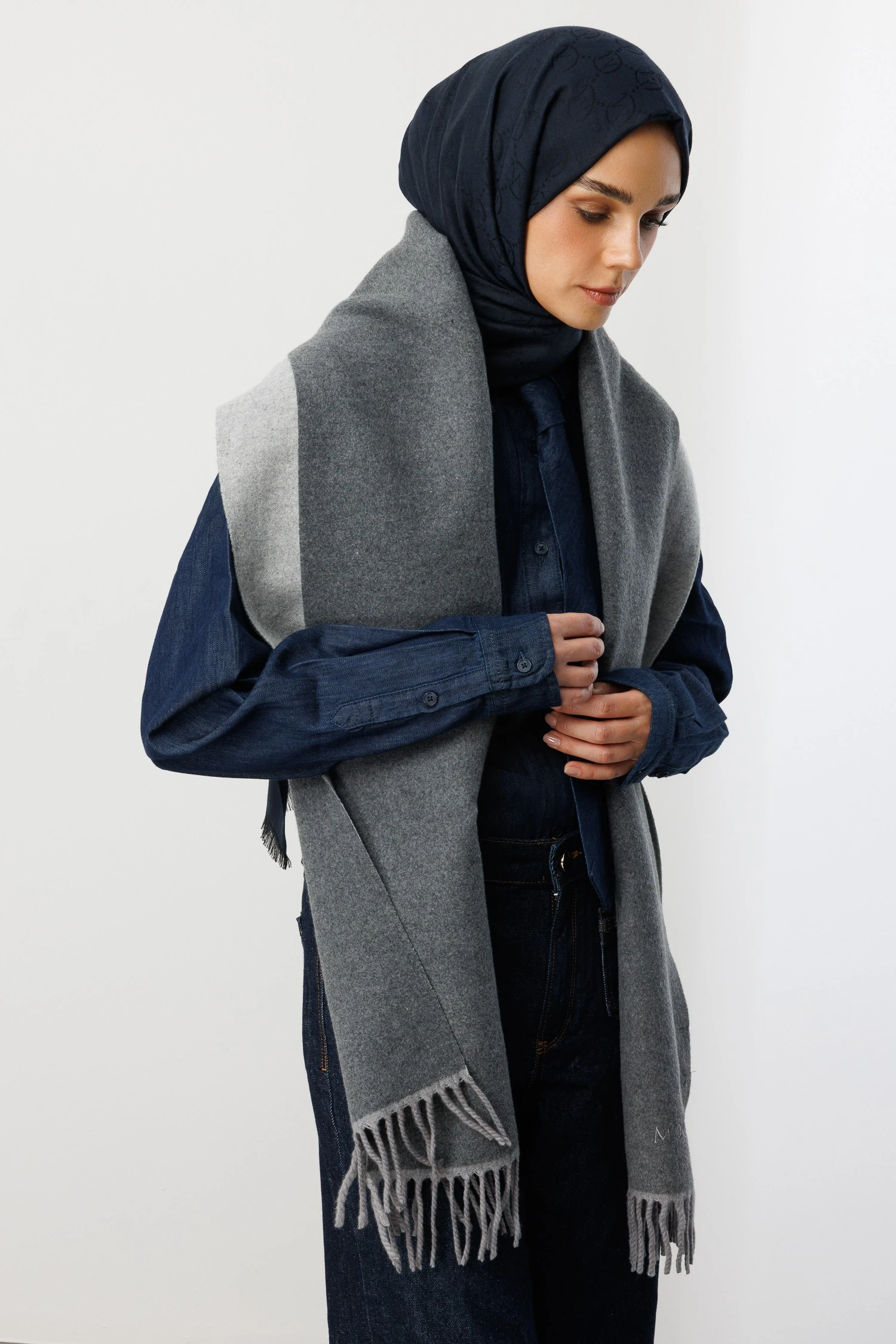 Toptan Çift Taraflı Yün Atkı - Gri Gümüş