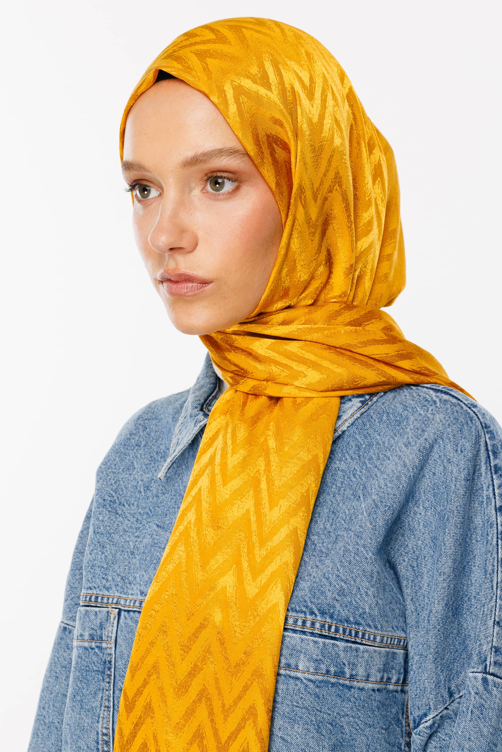 Zigzag Pattern Shiny Jacquard Shawl - Saffron