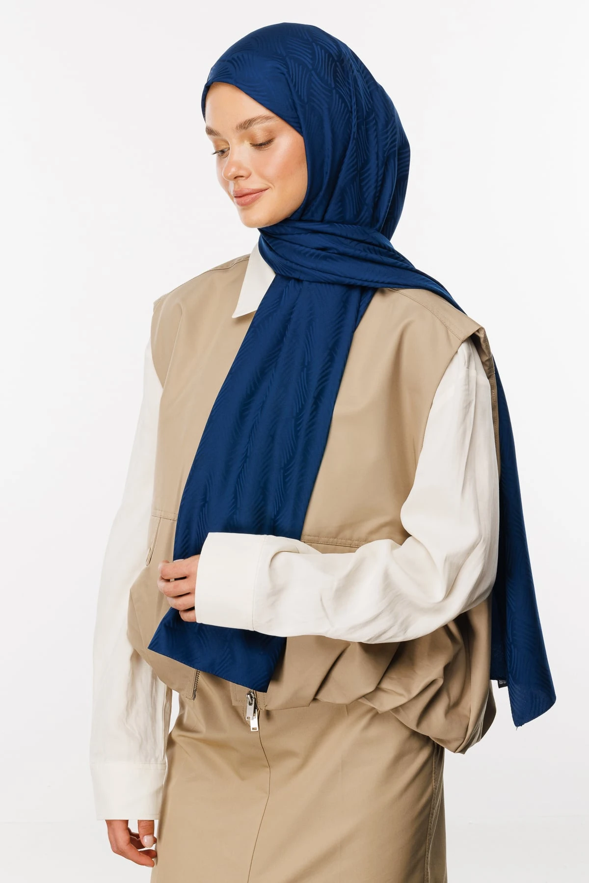 Toptan Aura Desen İpeksi Jakar Şal - Lacivert