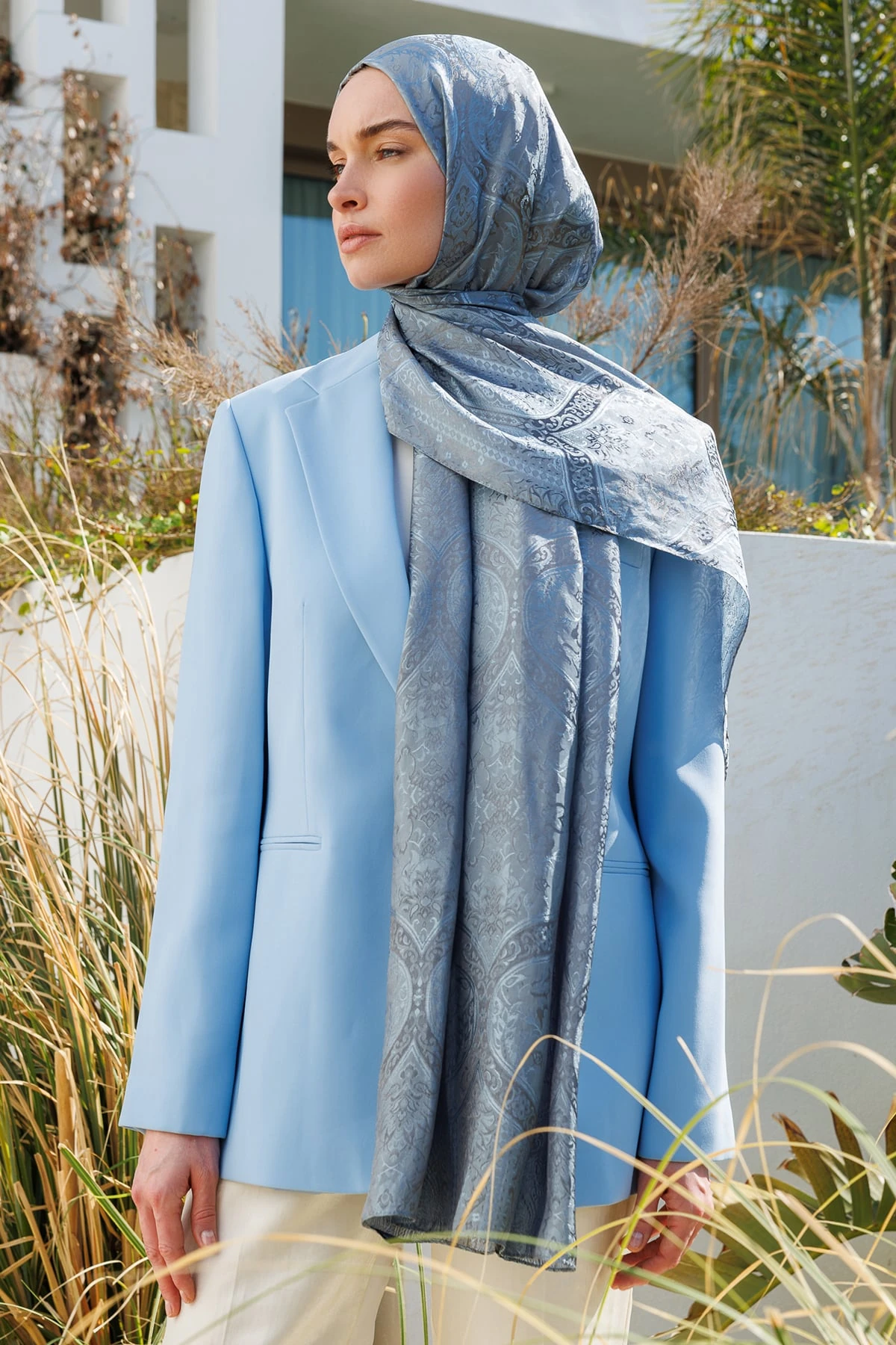Shline Line Viscose Shawl - Dark Gray-Light Blue