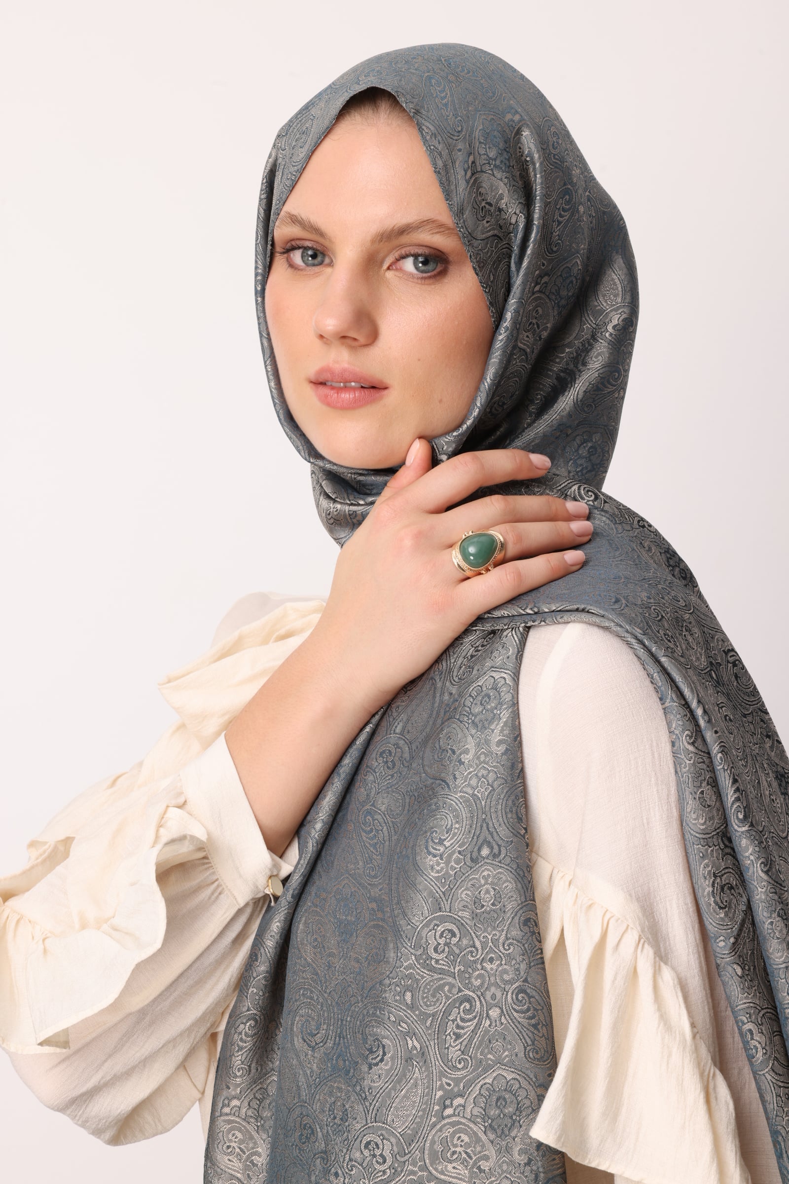 Toptan Moren Desen Shine Line Şal - Petrol Mavisi-Bej