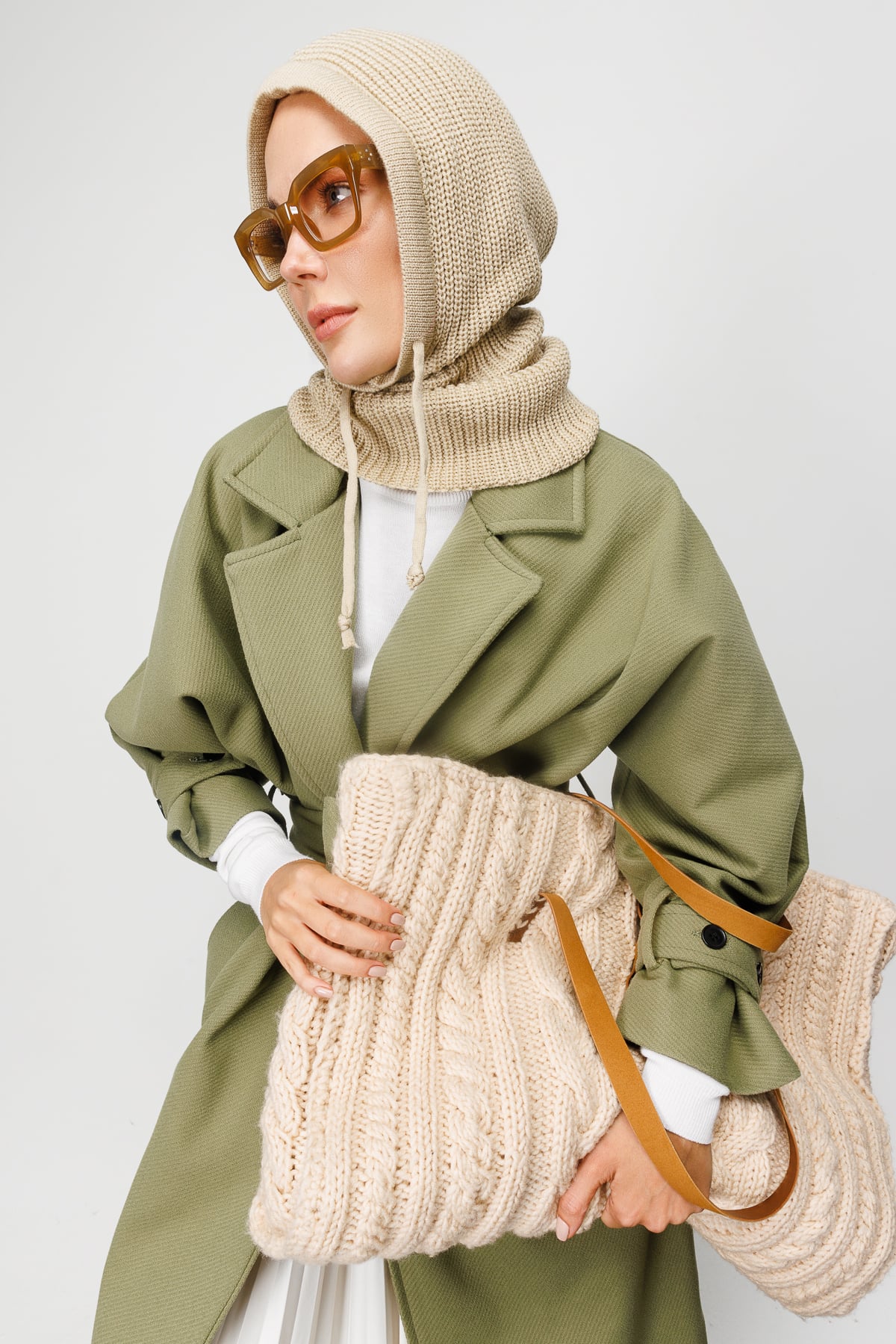 Toptan Balaclava Triko Başlık - Bej