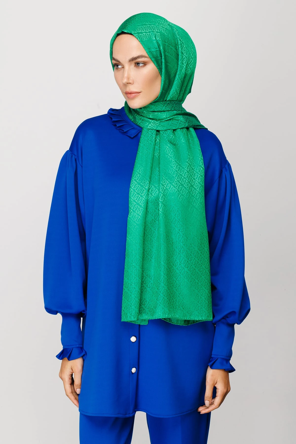 Wholesale Forever Pattern Shiny Jacquard Shawl - Benetton Green