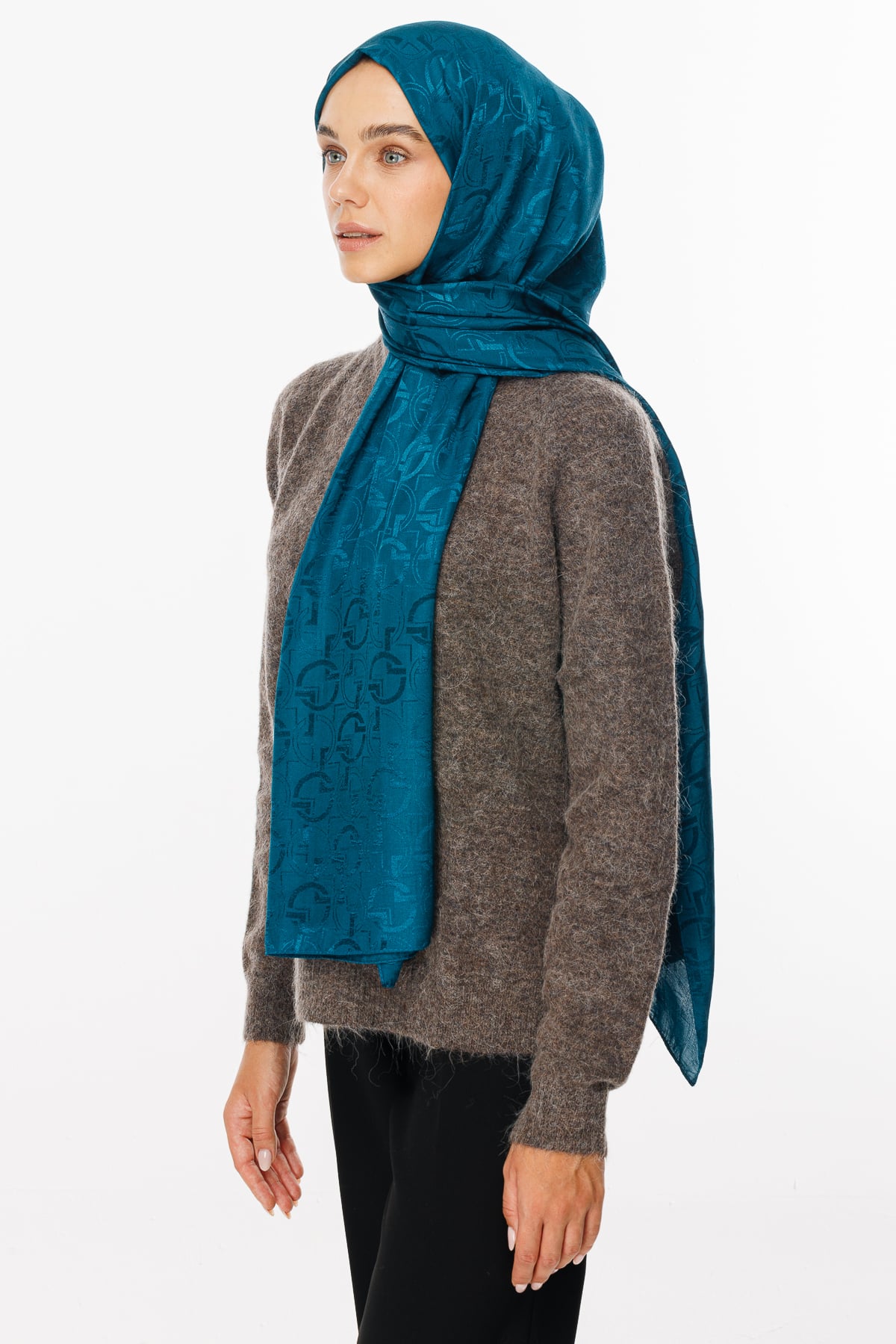 Toptan Longar Desen Parlak Jakar Şal - Petrol Mavisi