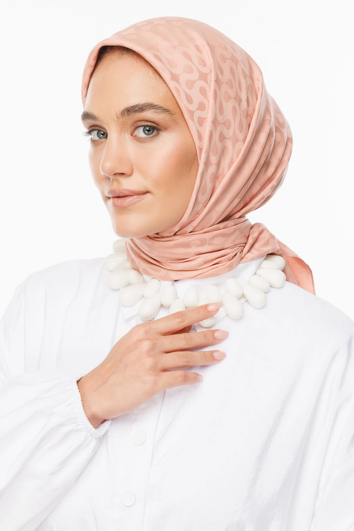 Toptan Moon Desen İpeksi Jakar Eşarp - Somon