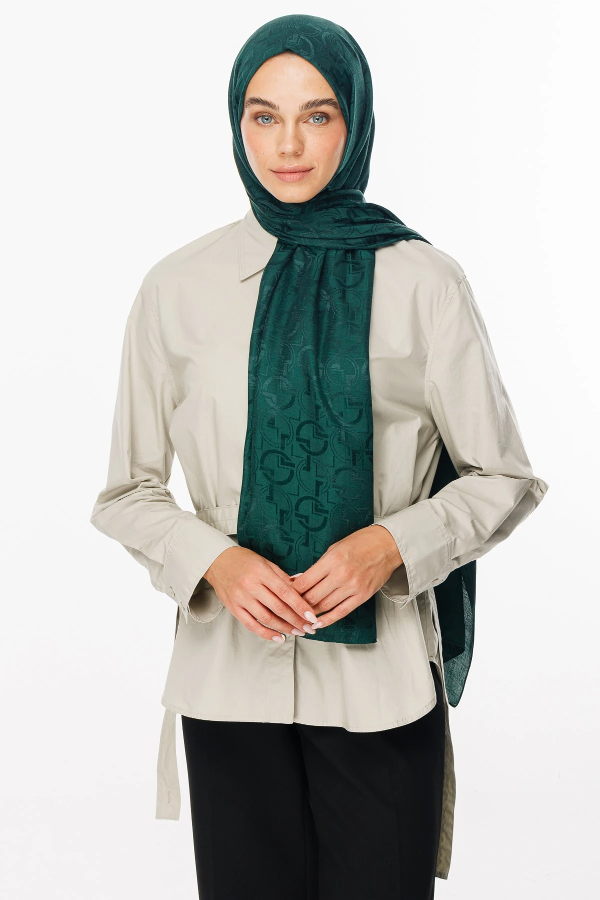 Toptan Longar Desen Parlak Jakar Şal - Zümrüt