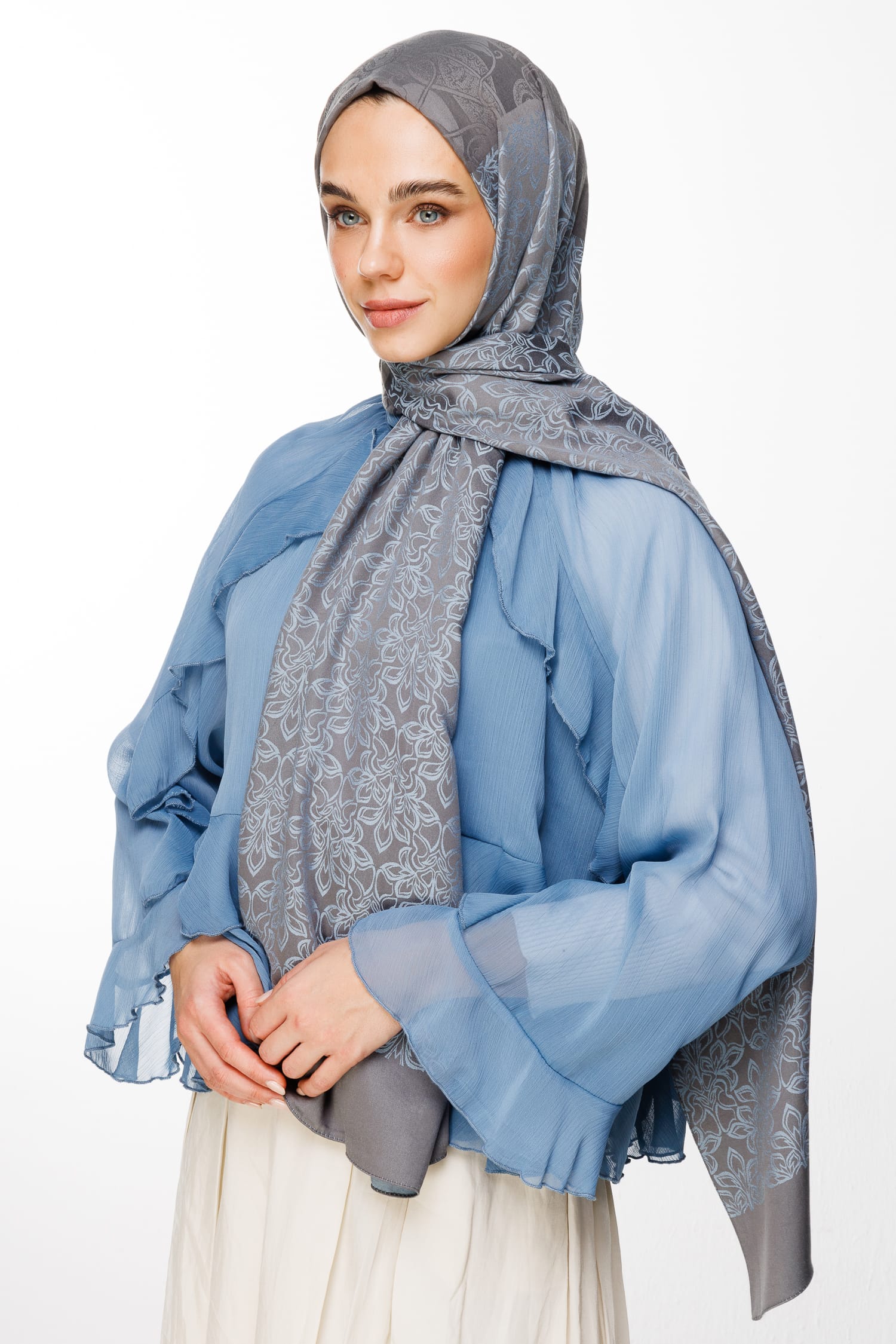 Toptan Nora Desen Çift Taraflı Şal - Koyu Gri-Açık Mavi