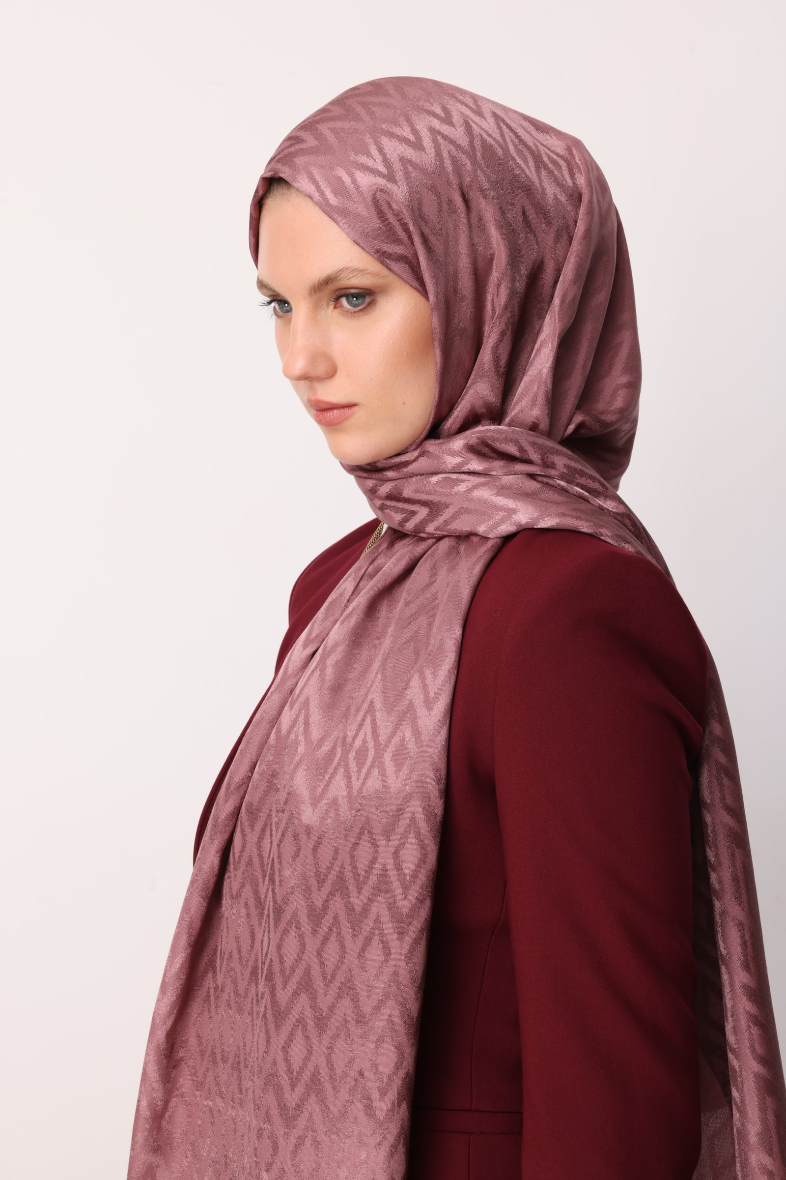 Toptan Karo Desen Parlak Jakar Şal - Gül Kurusu