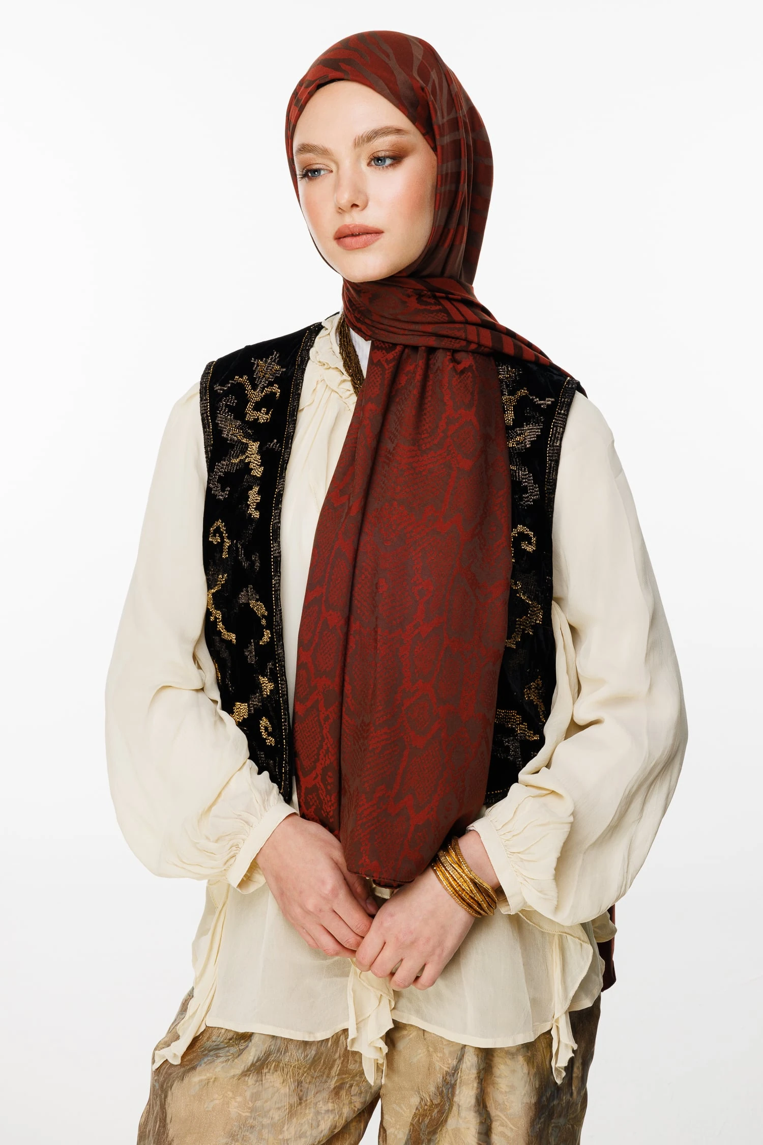 Toptan Riad Desen Çift Taraflı Şal - Acı Kahve-Kahve