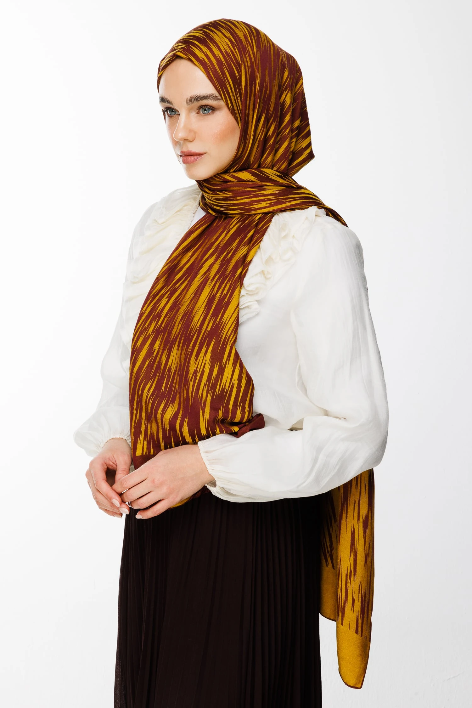 Toptan Selis Desen Çift Taraflı Şal - Mürdüm-Sarı