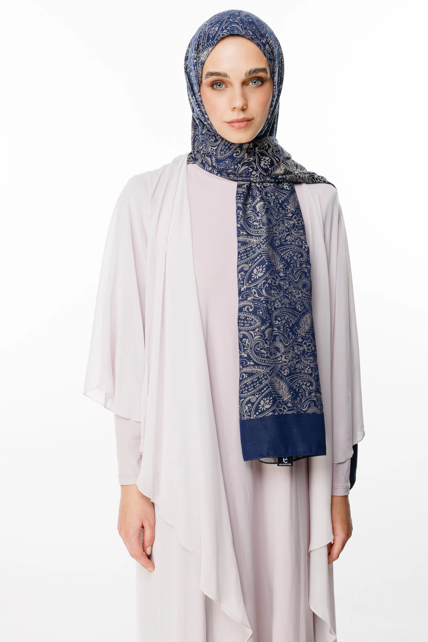 Velora-Pattern Reversible Shawl - Navy Blue-Beige