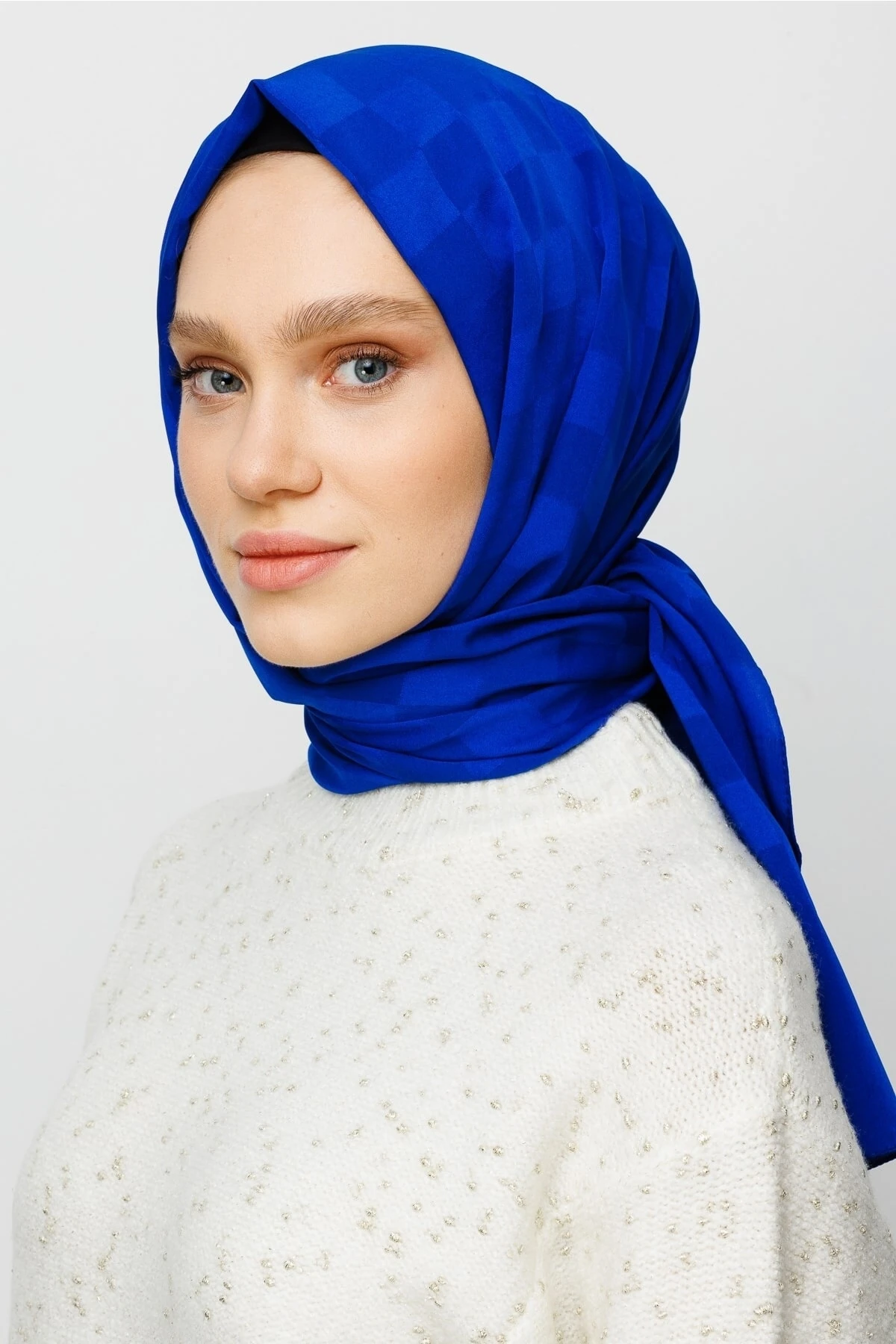 Toptan Dama Desen İpeksi Jakar Şal - Saks Mavi