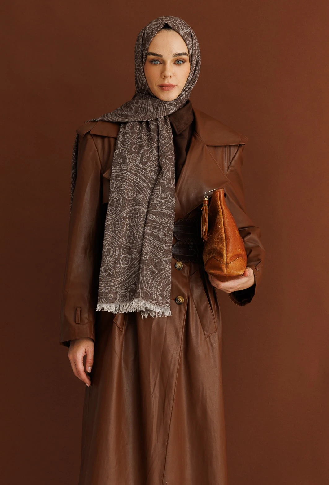 Toptan Rumi Desen Yün Kaşmir Şal - Acı Kahve