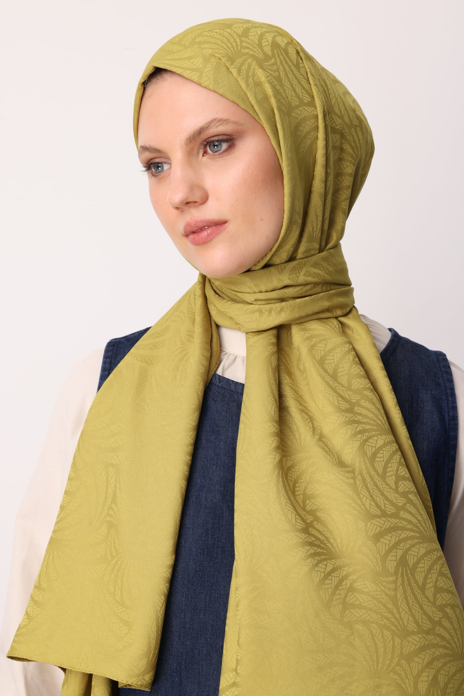 Toptan Artemis Desen İpeksi Jakar Şal - Oliv Yeşili