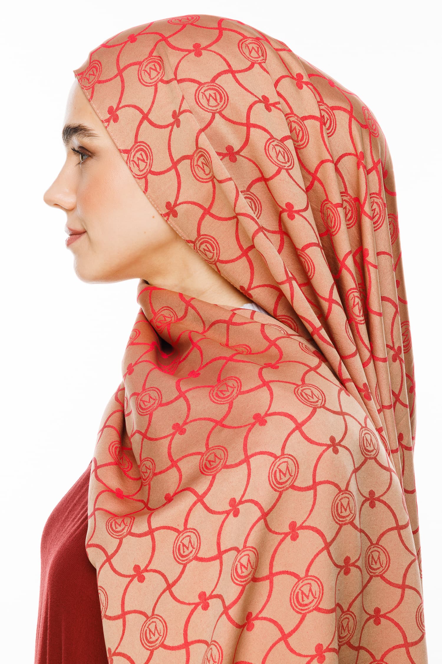 Toptan Marrakech Desen Çift Taraflı Şal - Vizon-Kırmızı