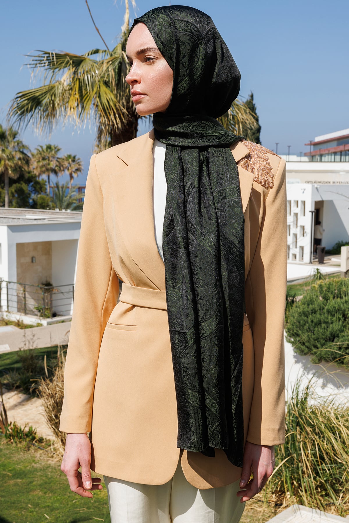 Shline Line Viscose Shawl - Black-Khaki