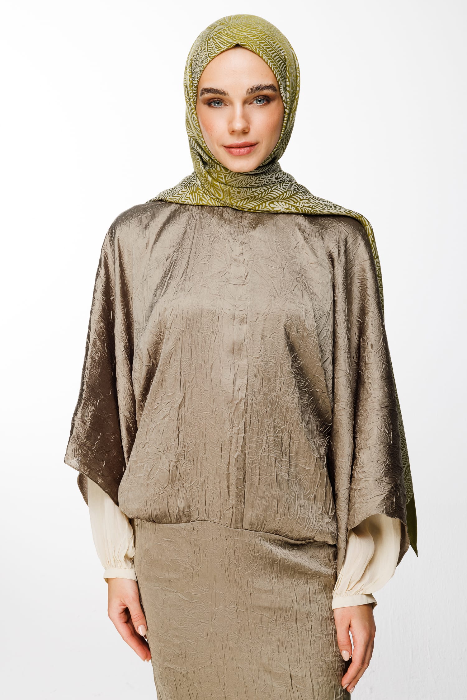 Toptan Mayra Desen Çift Taraflı Şal - Yağ Yeşili-Ekru