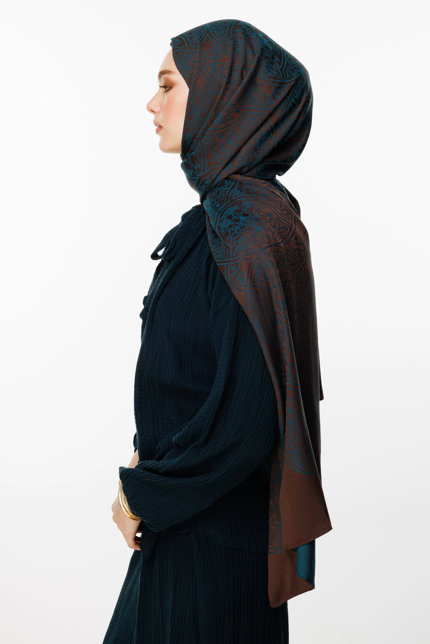 Toptan Morocco Desen Çift Taraflı Şal - Acı Kahve-Petrol Mavisi