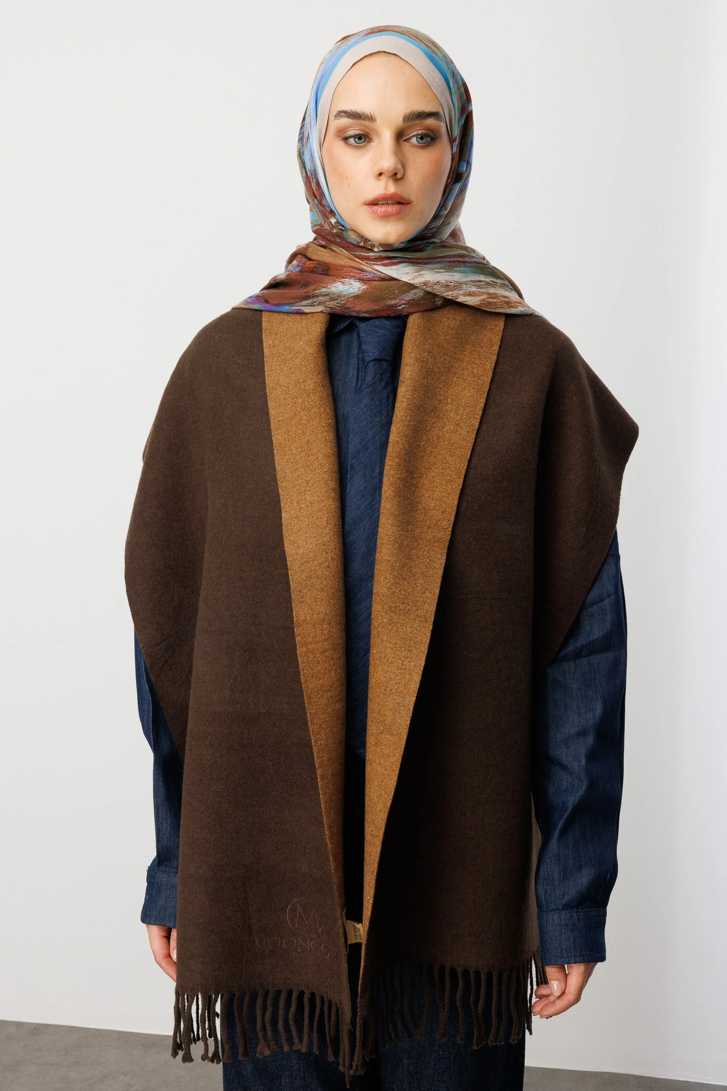 Toptan Çift Taraflı Yün Atkı - Kahverengi Bitter