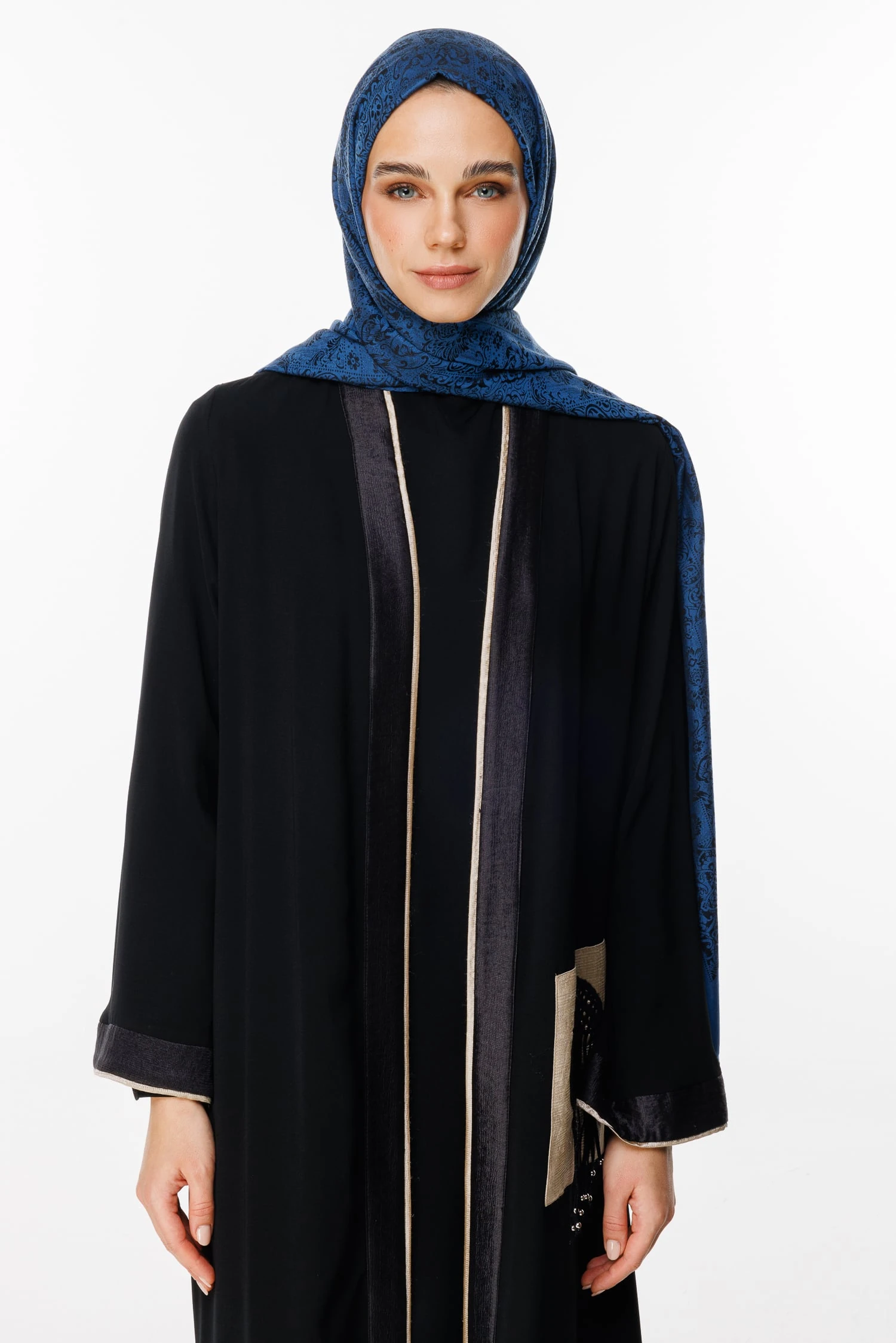 Toptan Henna Desen Çift Taraflı Şal - Siyah-İndigo