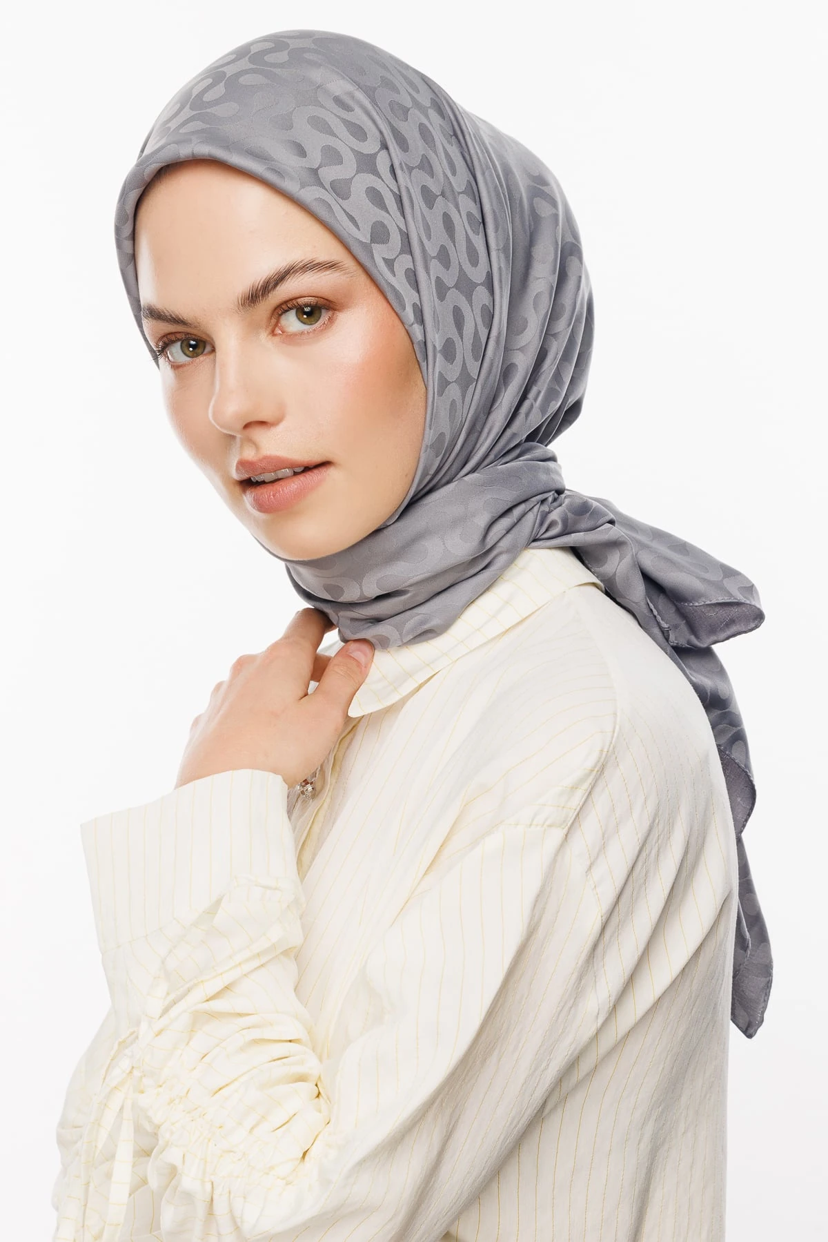 Toptan Moon Desen İpeksi Jakar Eşarp - Mineral Gri