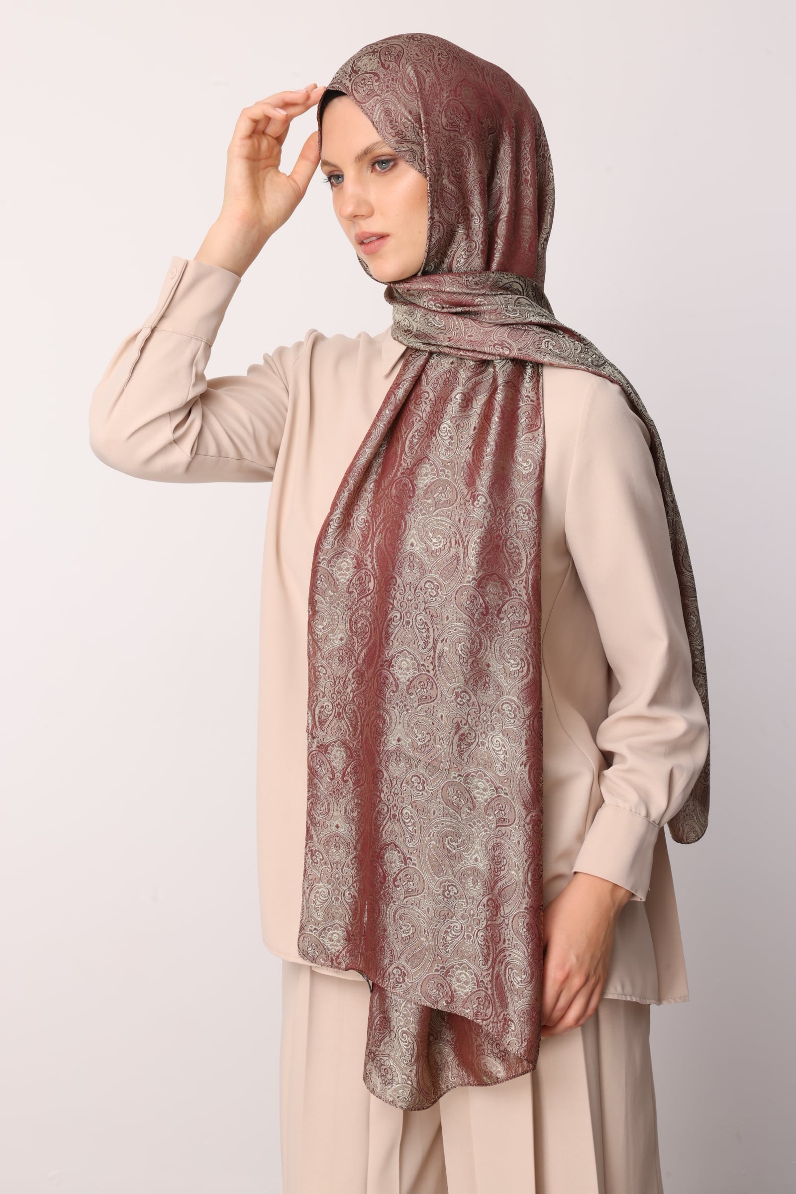 Toptan Moren Desen Shine Line Şal - Mürdüm-Somon