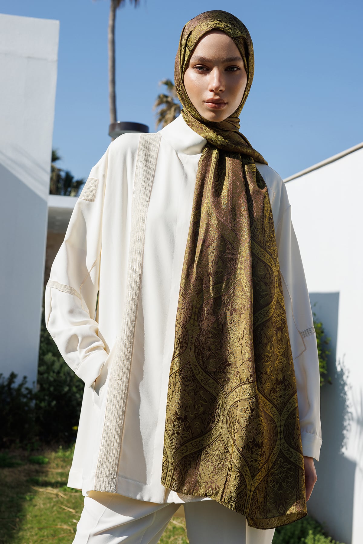 Shline Line Viscose Shawl - Bitter Coffee-Salmon