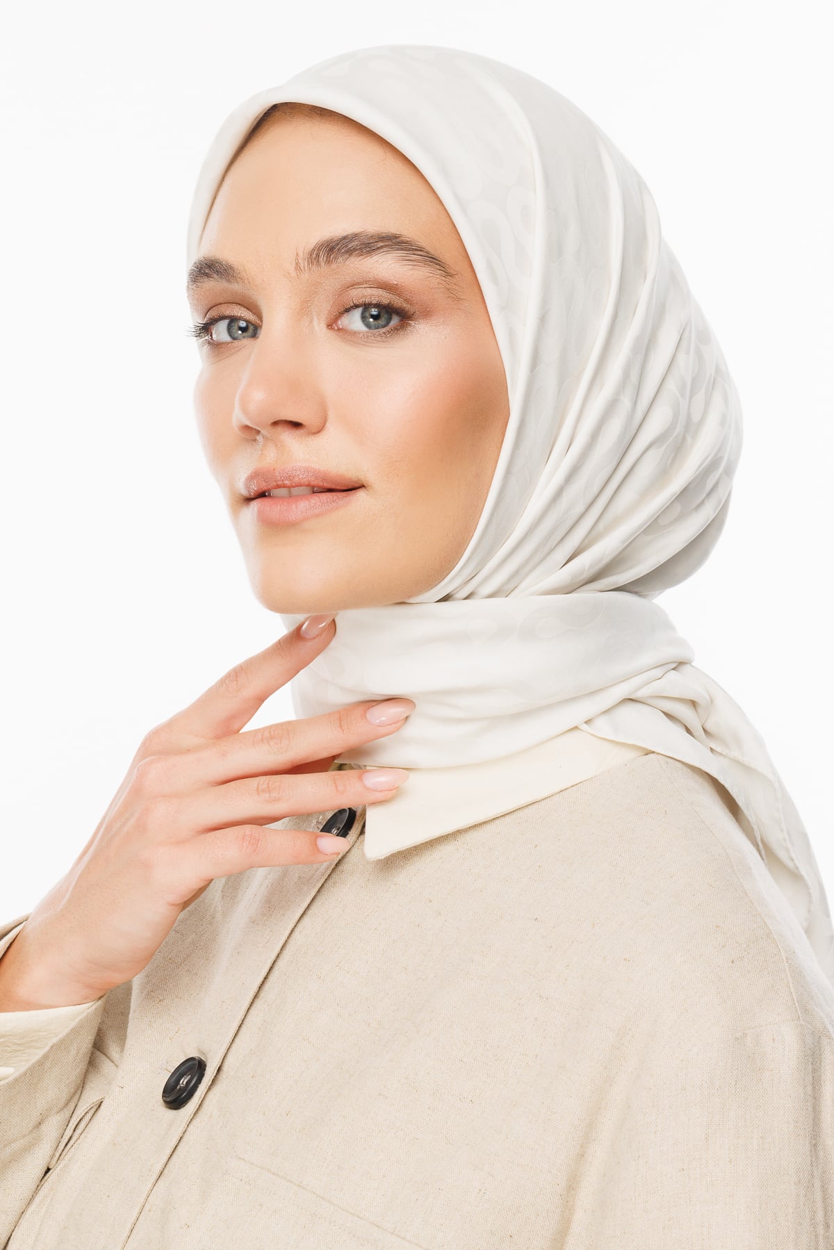 Toptan Moon Desen İpeksi Jakar Eşarp - İnci