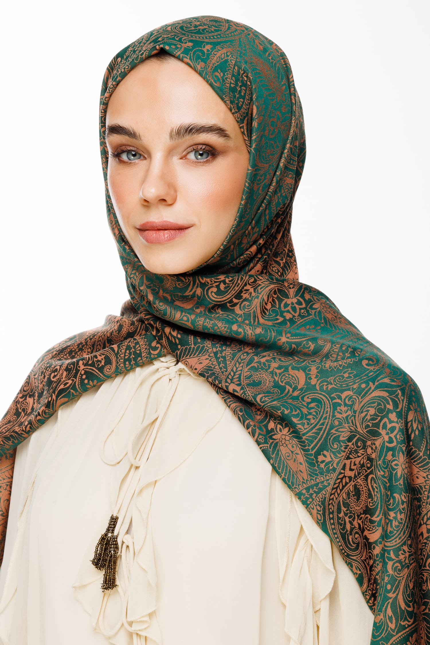 Toptan Velora Desen Çift Taraflı Şal - Zümrüt-Kayısı