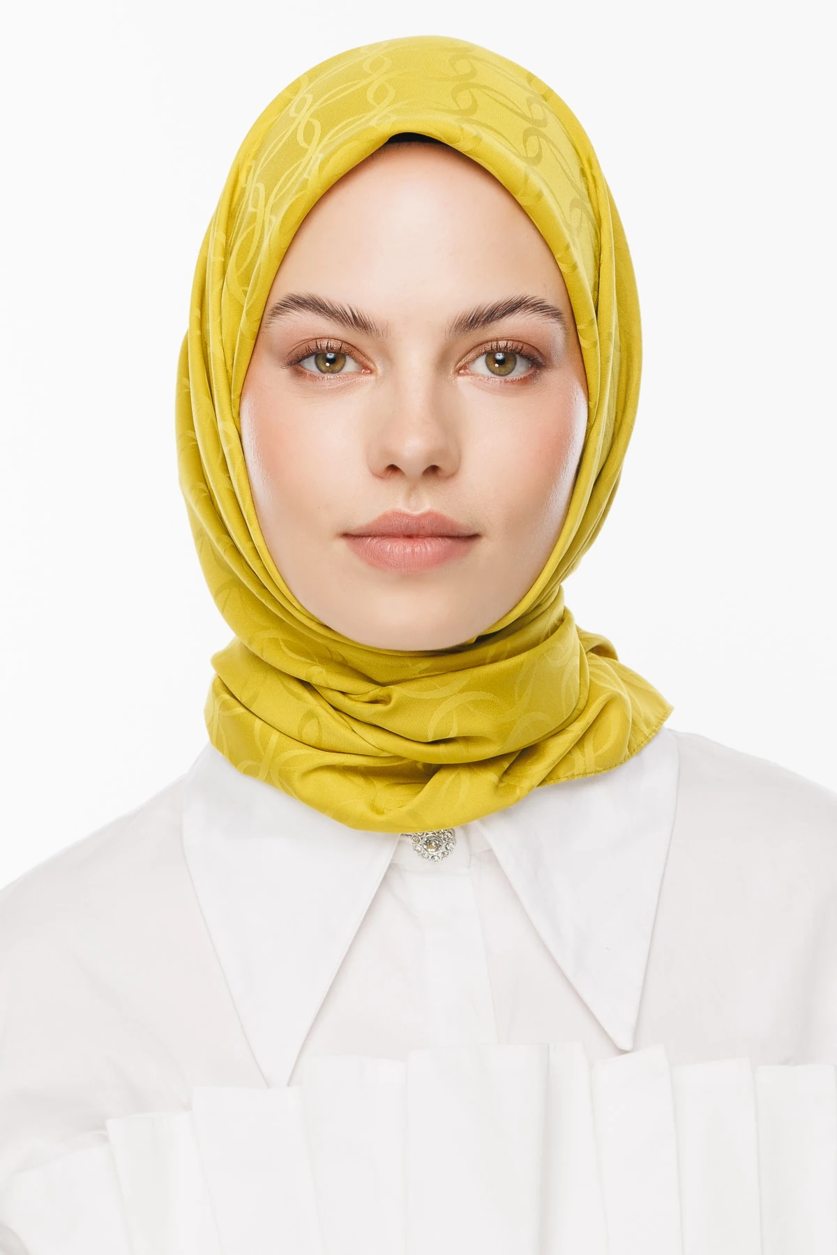 Toptan London Desen İpeksi Jakar Eşarp - Oliv Yeşili