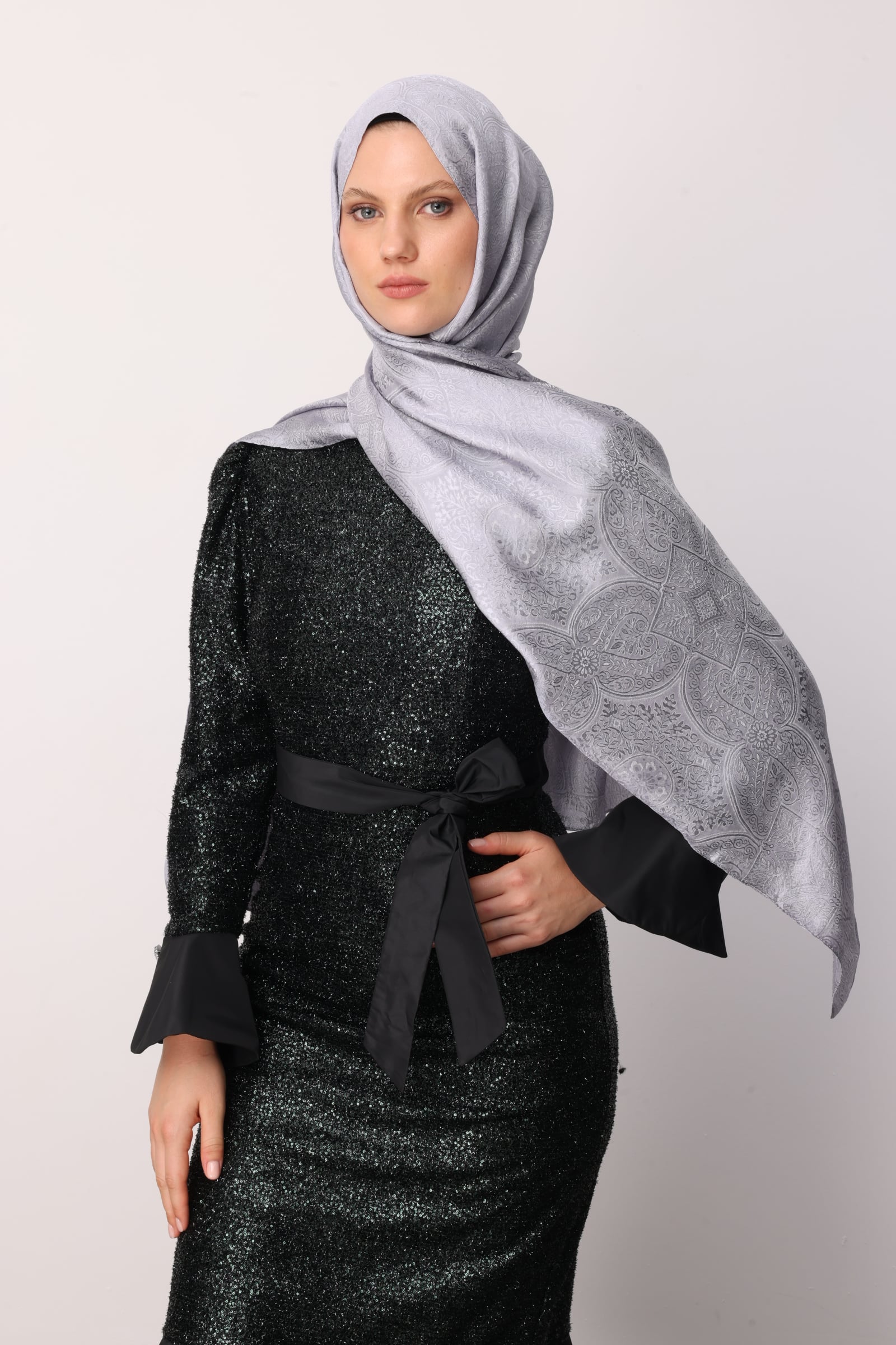Toptan Vera Desen Shine Line Şal - Gri-Gri