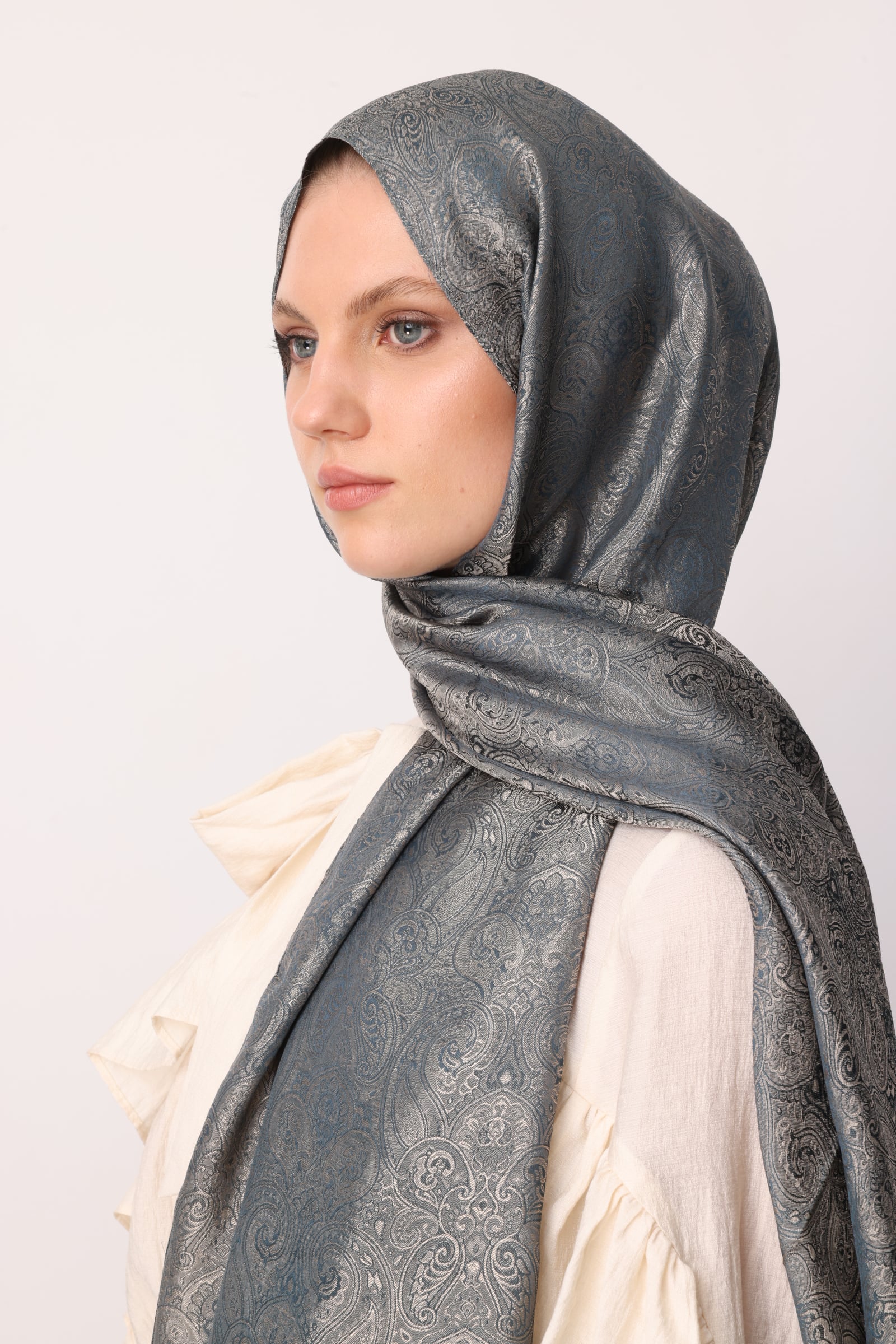 Toptan Moren Desen Shine Line Şal - Petrol Mavisi-Bej