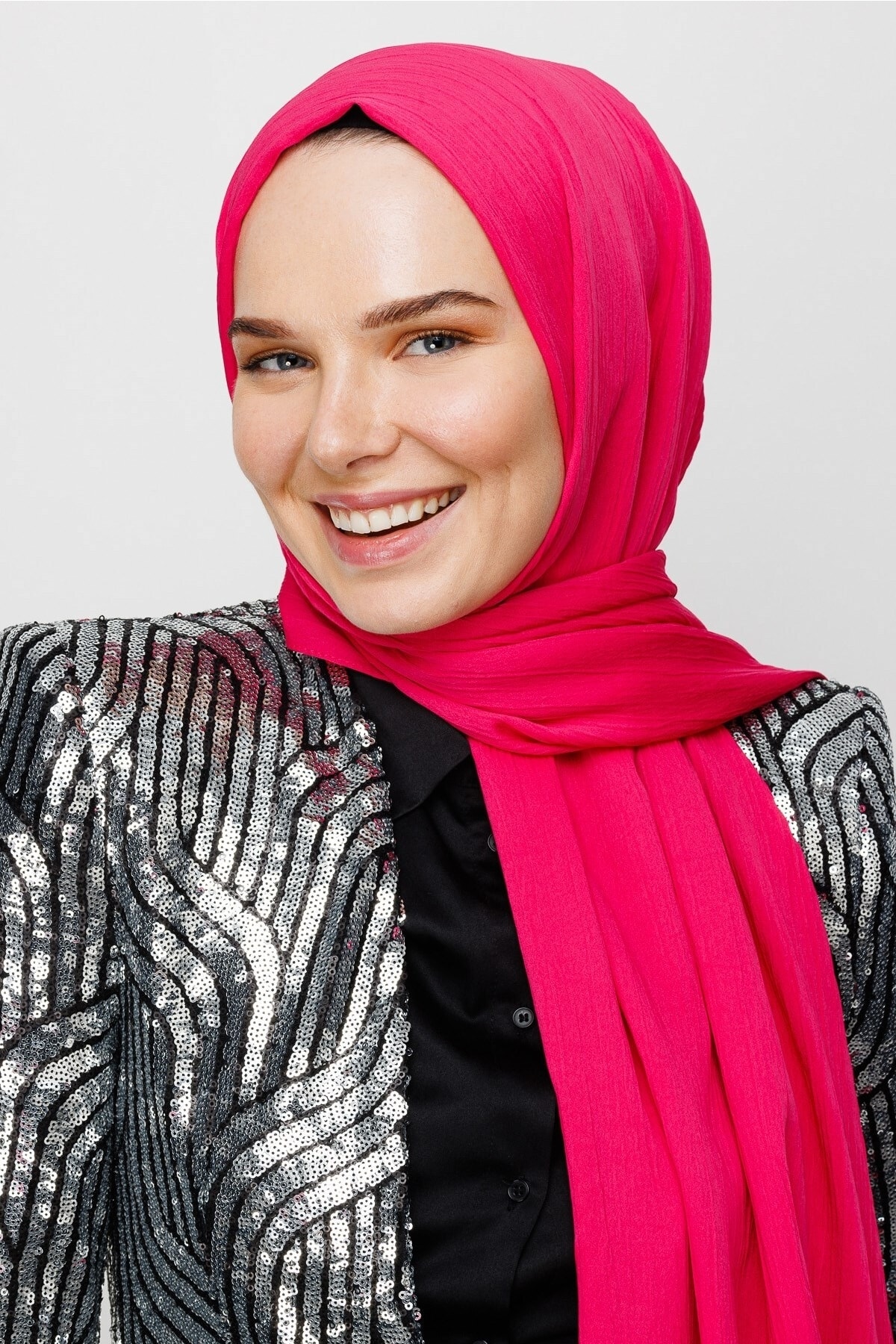 Toptan Krinkıl Medine İpeği Şal - Fuşya