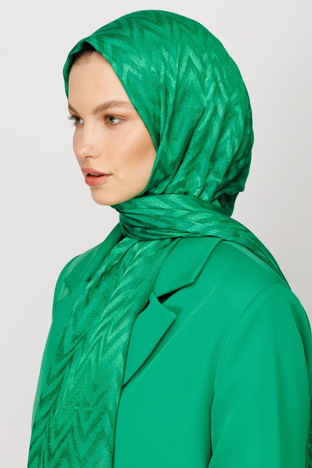 Zigzag Pattern Shiny Jacquard Shawl - Benetton Green