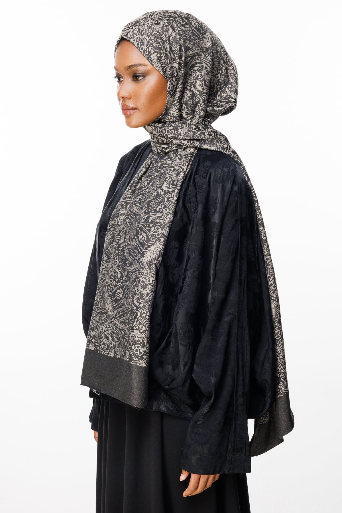 Velora-Pattern Reversible Shawl - Black-Beige