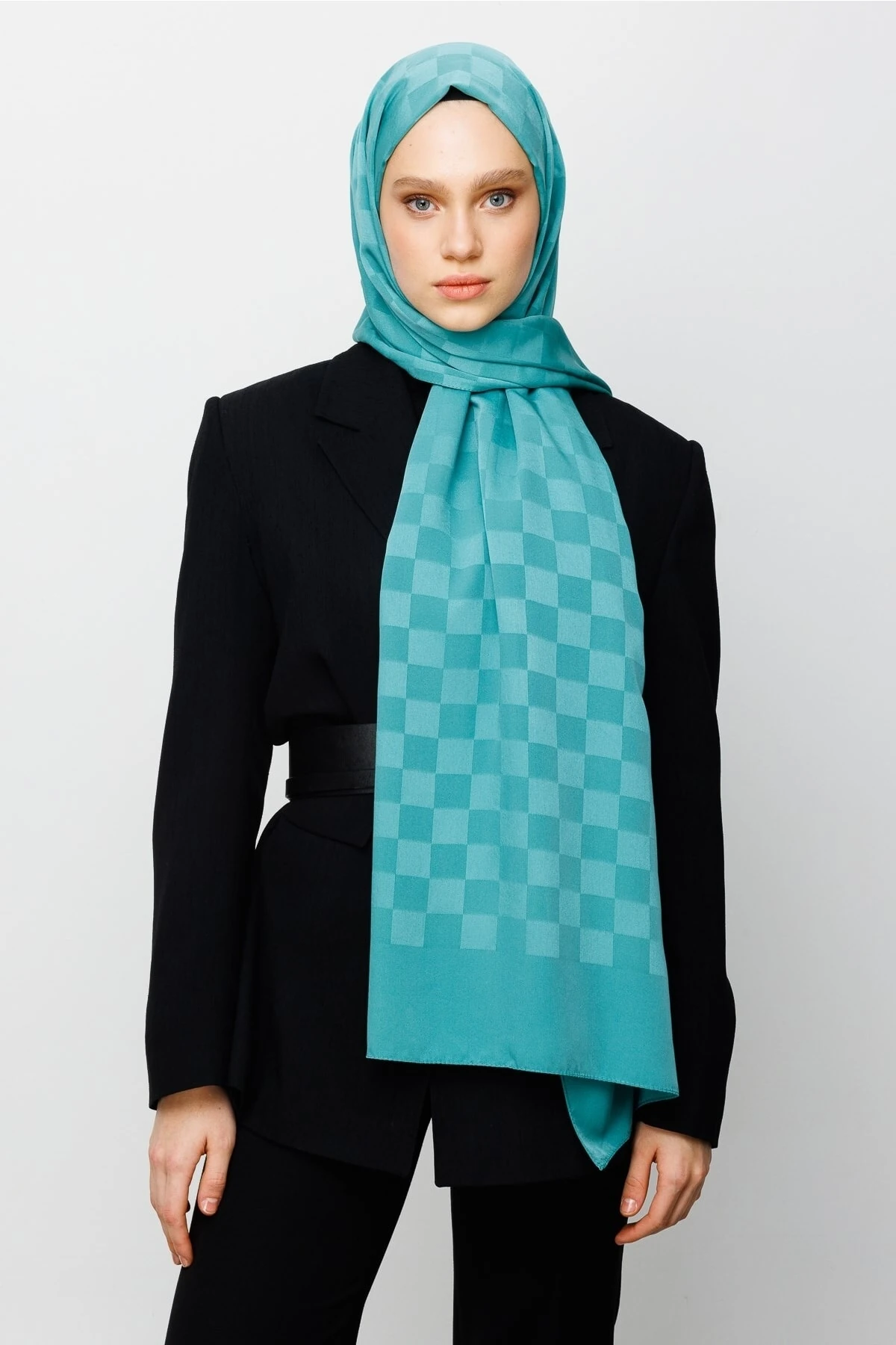 Checkers Pattern Silk Jacquard Shawl - Mint Green