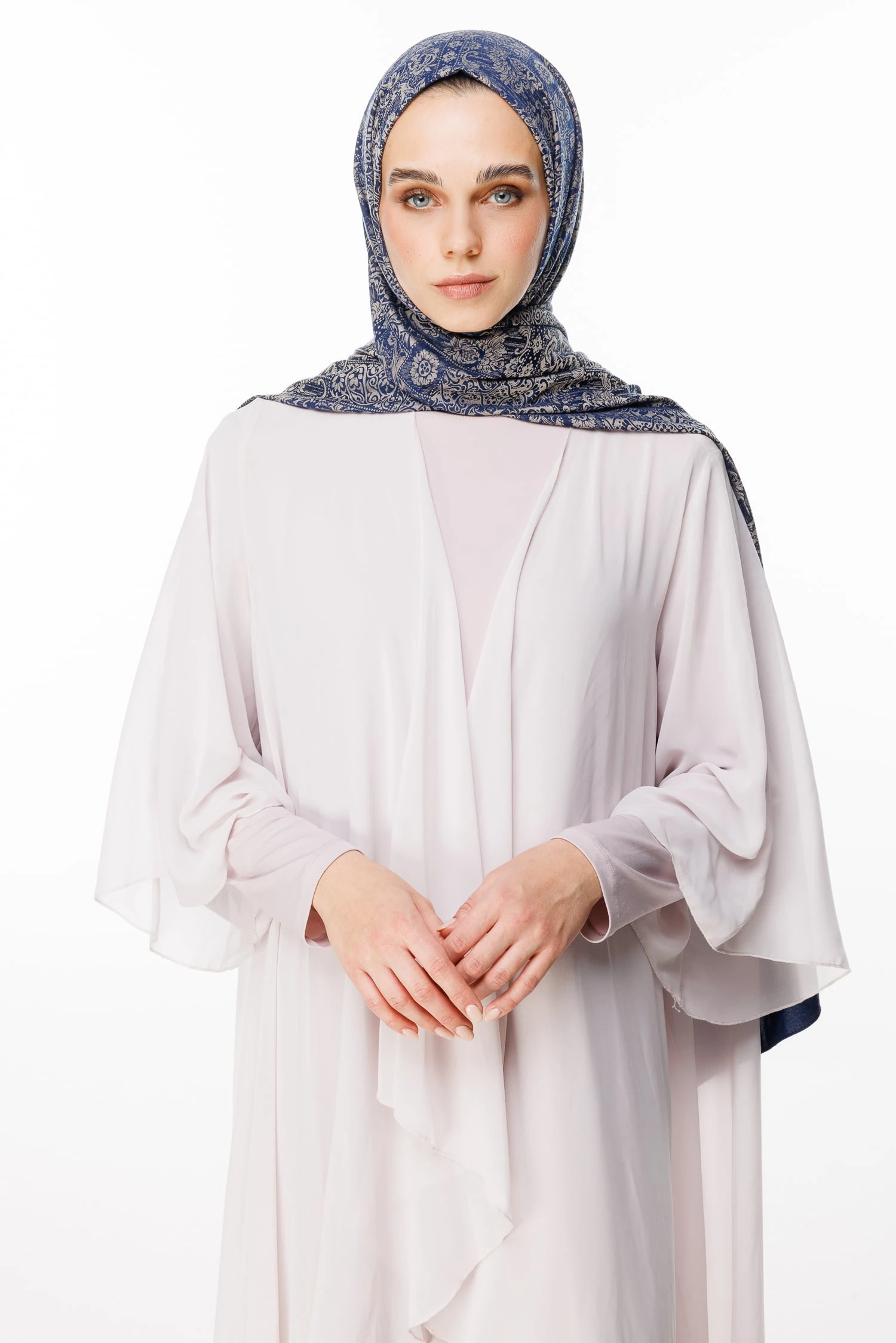 Toptan Henna Desen Çift Taraflı Şal - Lacivert-Bej