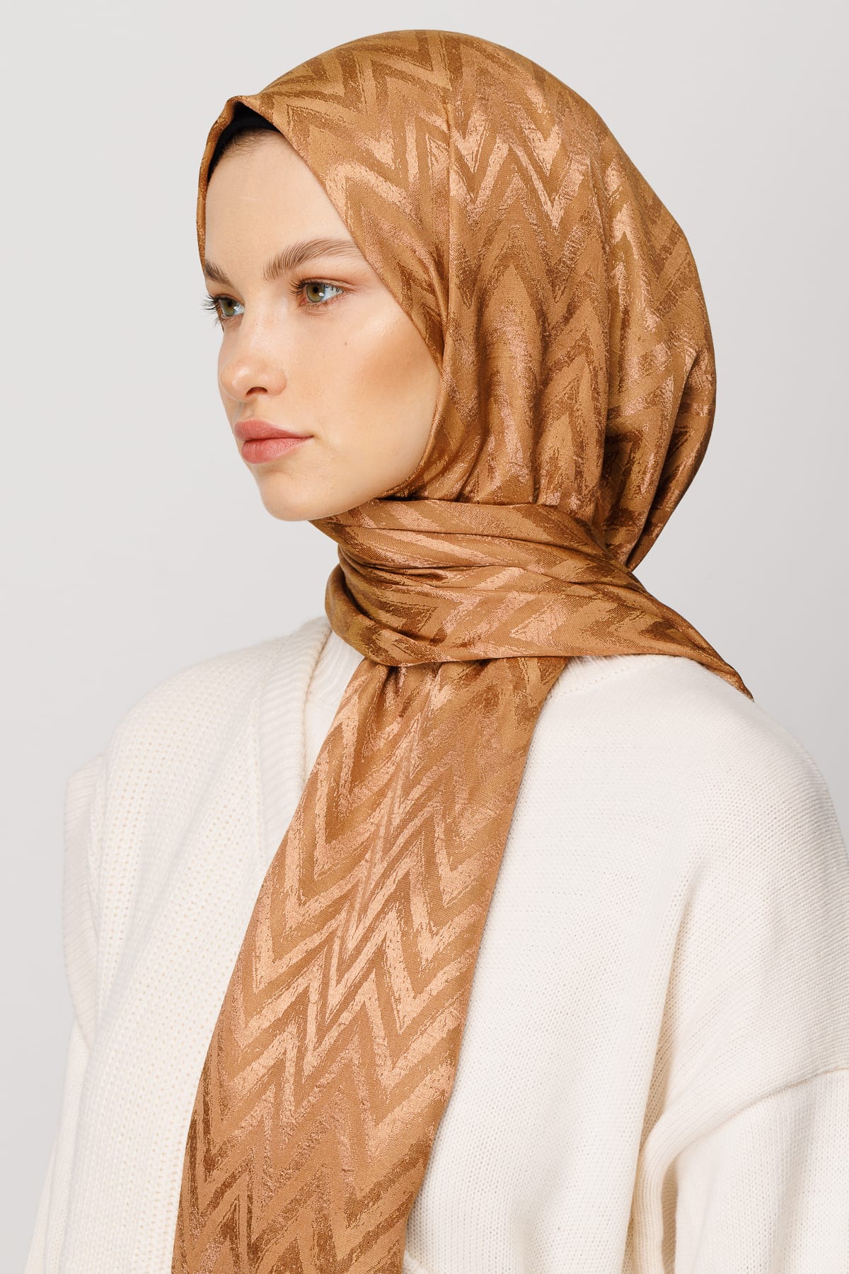 Zigzag Pattern Shiny Jacquard Shawl - Biscuit