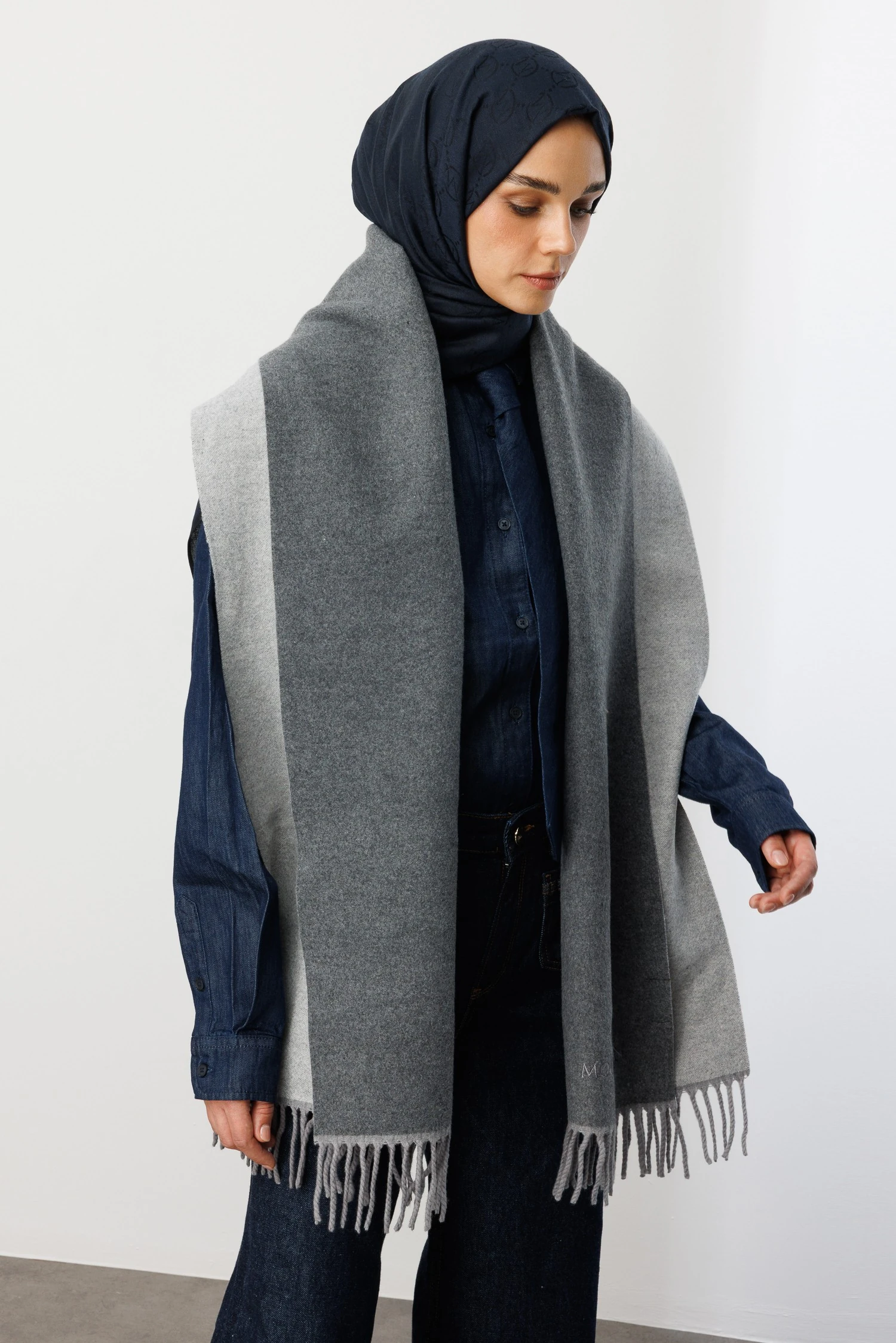 Toptan Çift Taraflı Yün Atkı - Gri Gümüş