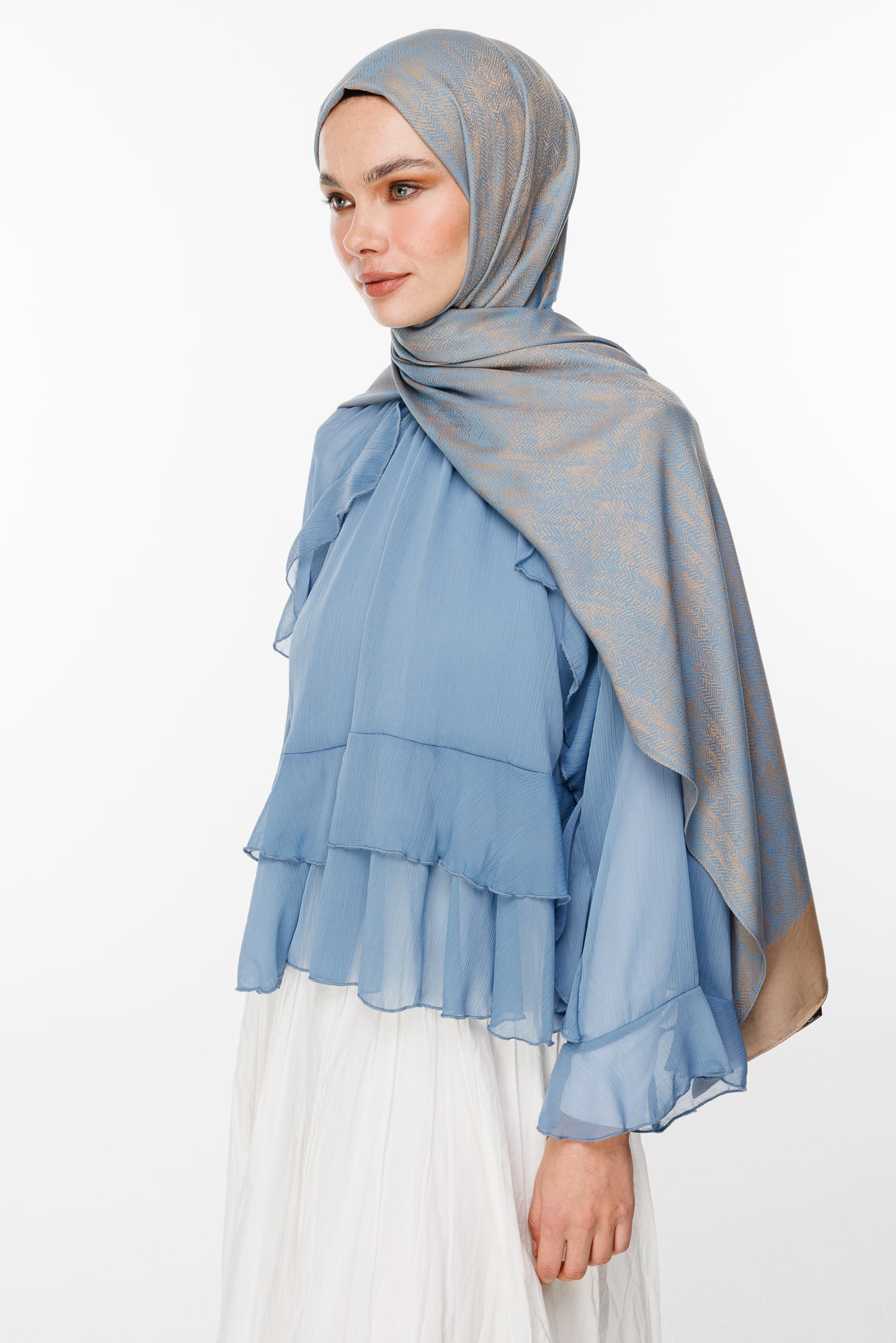 Toptan Sahra Desen Çift Taraflı Şal - Vizon-Turkuaz