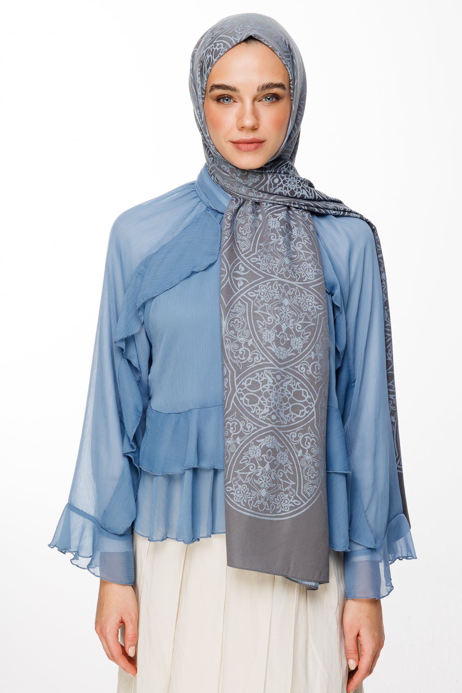 Toptan Morocco Desen Çift Taraflı Şal - Koyu Gri-Açık Mavi